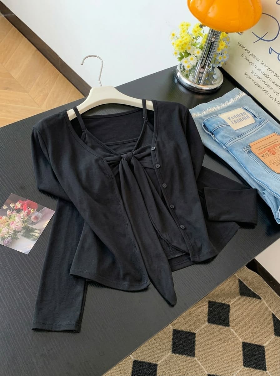 실사 순수한 욕망 섹시함 핫걸 달콤함 다용도 아름다움 뒤로 작은 슬링 인사이드 벨트 가슴 패드 플러스 긴팔 오픈 가디건 외부 가져 가라. 가을 상세 이미지 18