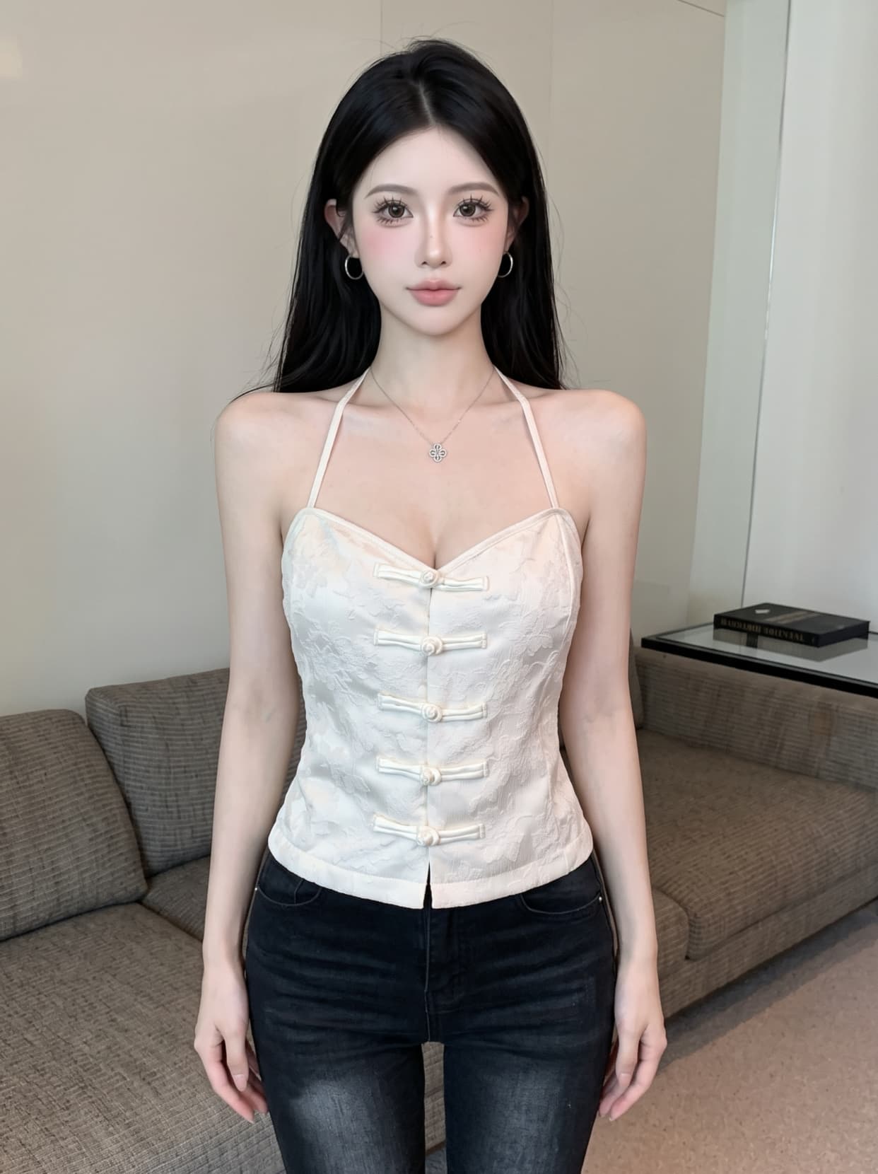 실사 중식 국풍 단추 캐미솔 여름 행침 목 디자인 센스 작은 대중 닦아내 라. 가슴 안쪽 가져 가라. 순수한 욕망 맨위 상세 이미지 6