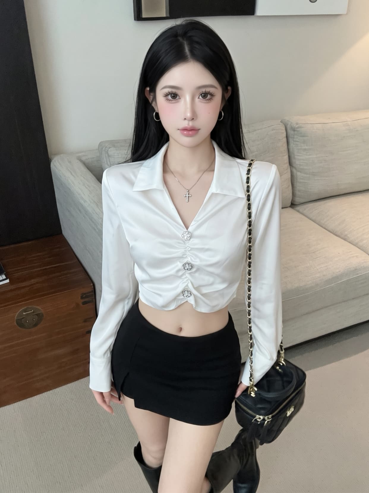 실사 프랑스식 V넥 긴팔 새틴 셔츠 여성 가을 허리 수축 디자인 센스 쇼트 스타일 셔츠 인사이드 가져 가라. 레이스업 맨위