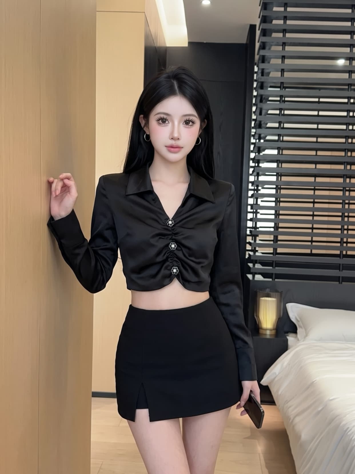 실사 프랑스식 V넥 긴팔 새틴 셔츠 여성 가을 허리 수축 디자인 센스 쇼트 스타일 셔츠 인사이드 가져 가라. 레이스업 맨위 이미지 3