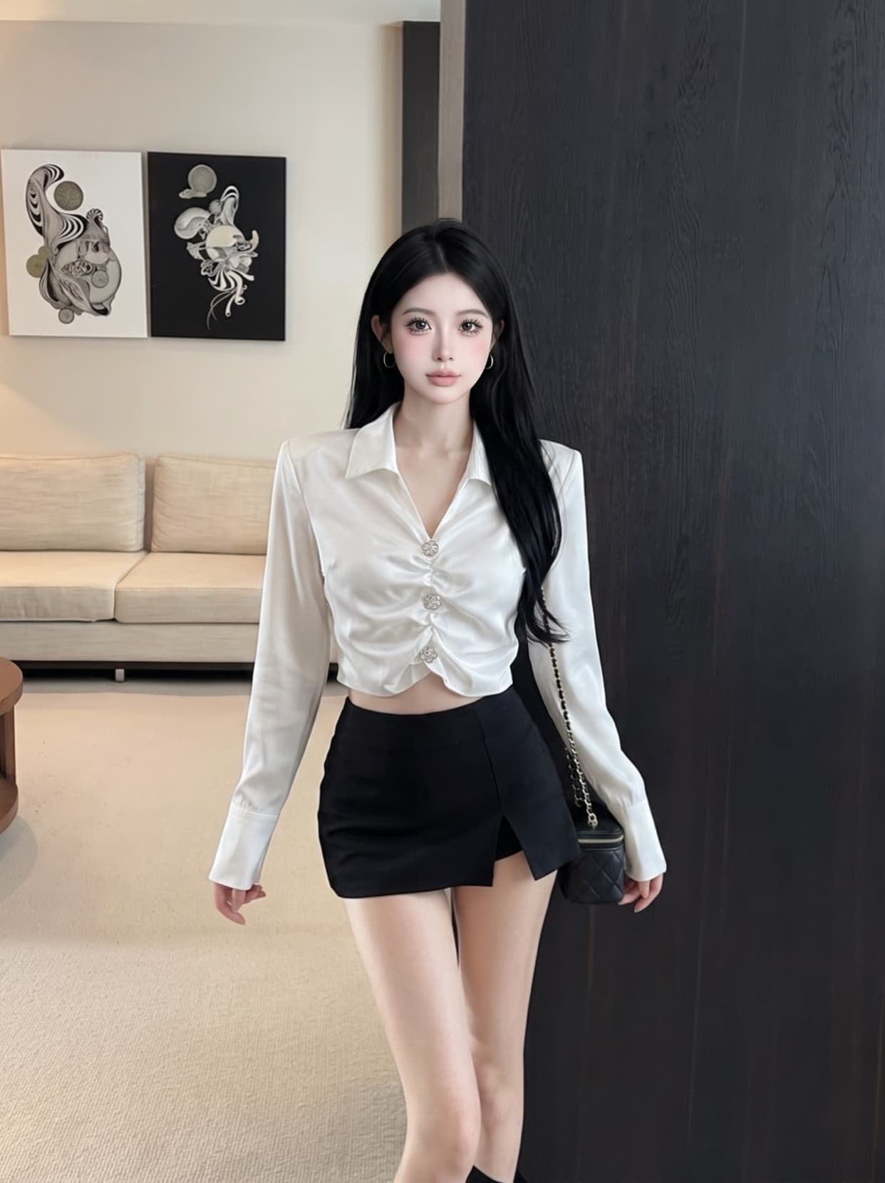 실사 프랑스식 V넥 긴팔 새틴 셔츠 여성 가을 허리 수축 디자인 센스 쇼트 스타일 셔츠 인사이드 가져 가라. 레이스업 맨위 상세 이미지 1