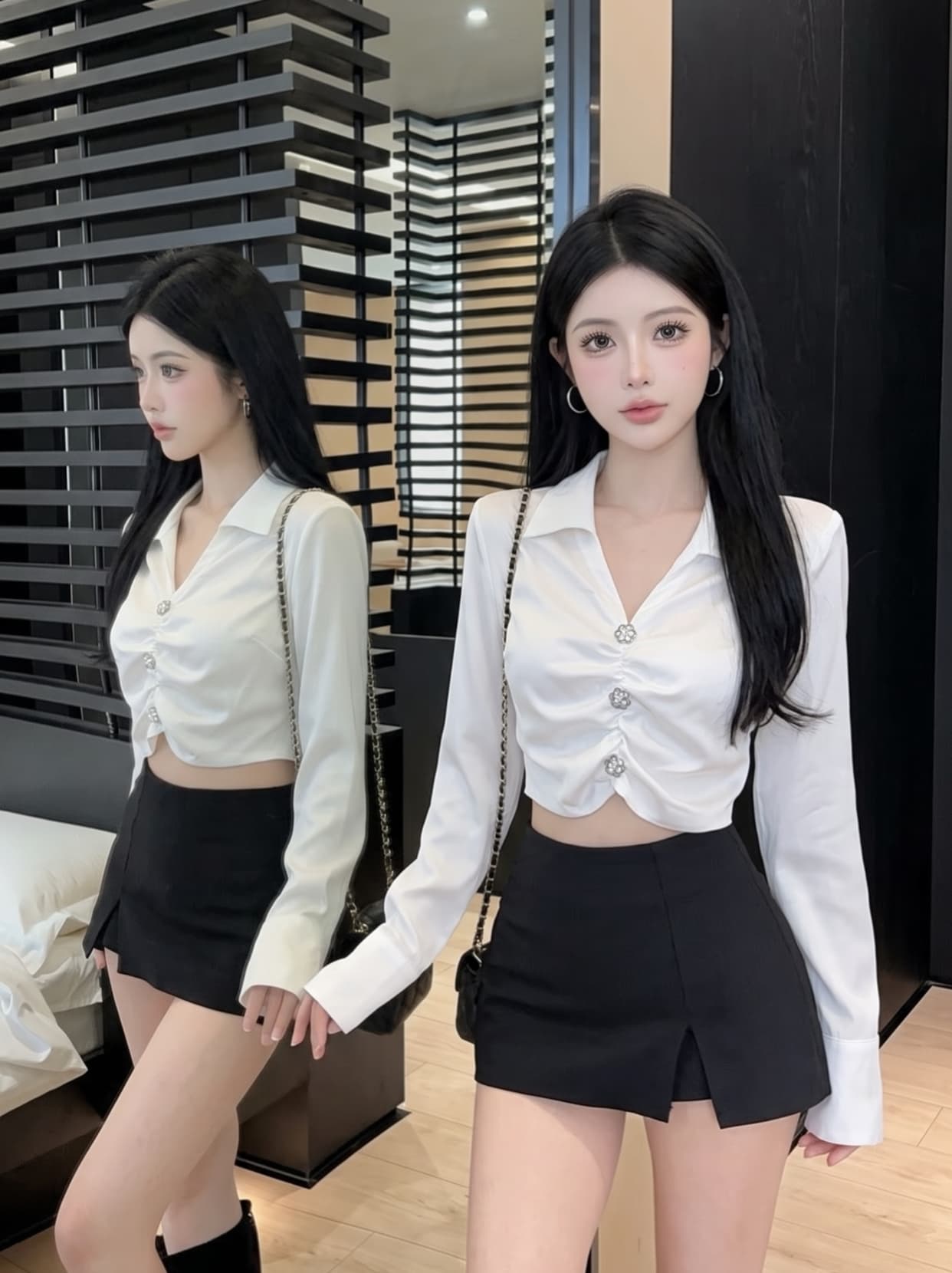 실사 프랑스식 V넥 긴팔 새틴 셔츠 여성 가을 허리 수축 디자인 센스 쇼트 스타일 셔츠 인사이드 가져 가라. 레이스업 맨위 상세 이미지 4