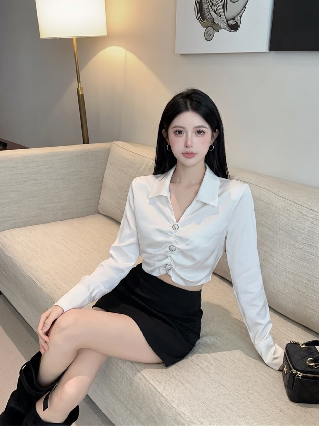 실사 프랑스식 V넥 긴팔 새틴 셔츠 여성 가을 허리 수축 디자인 센스 쇼트 스타일 셔츠 인사이드 가져 가라. 레이스업 맨위 상세 이미지 5