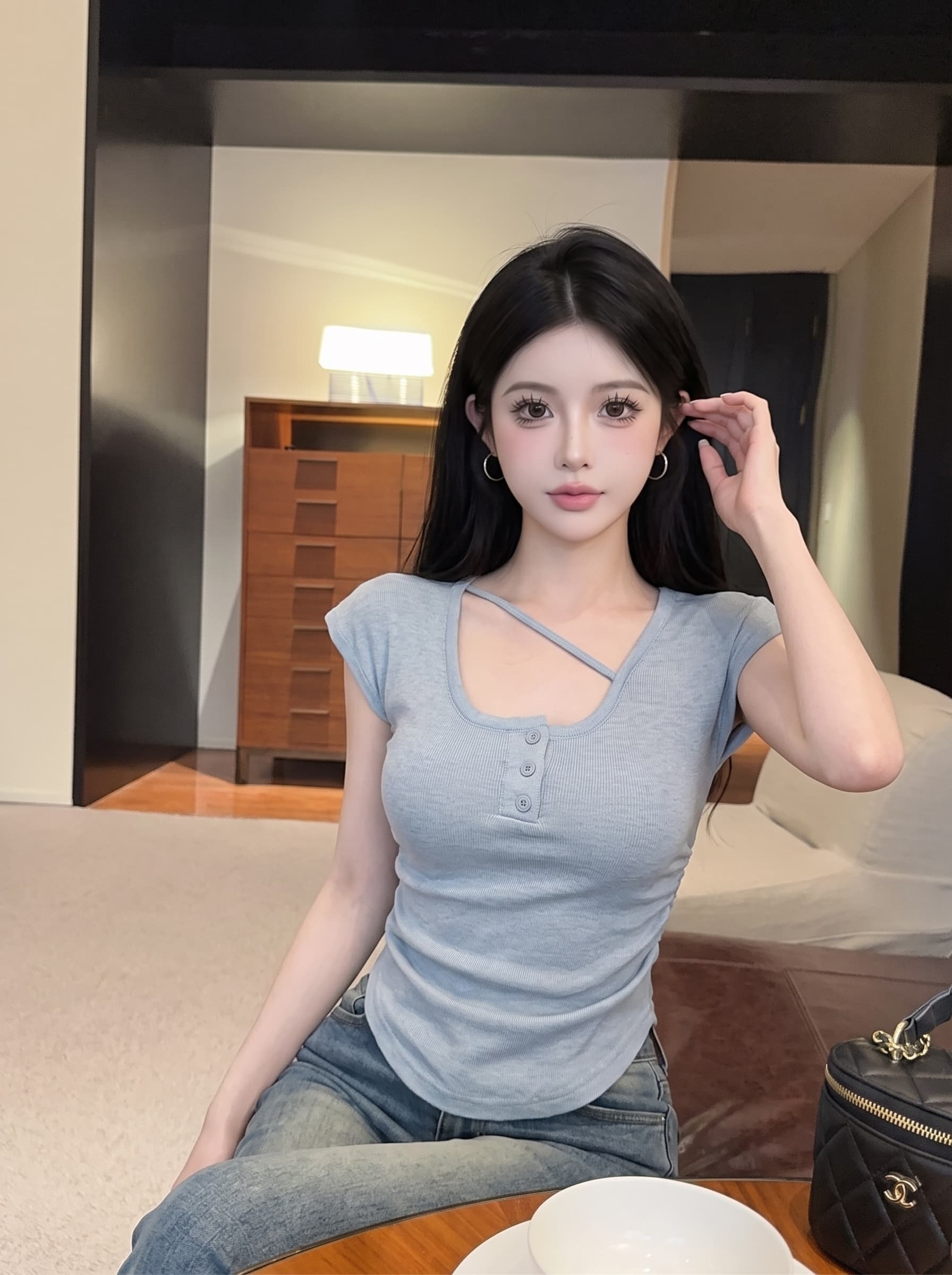 실사 u 칼라 쇄골 민소매 주름 티셔츠 여성 여름 디자인 센스 작은 대중 허리 수축 몸매 가꾸기 쇼트 스타일 니트 스웨터 맨위 상세 이미지 8