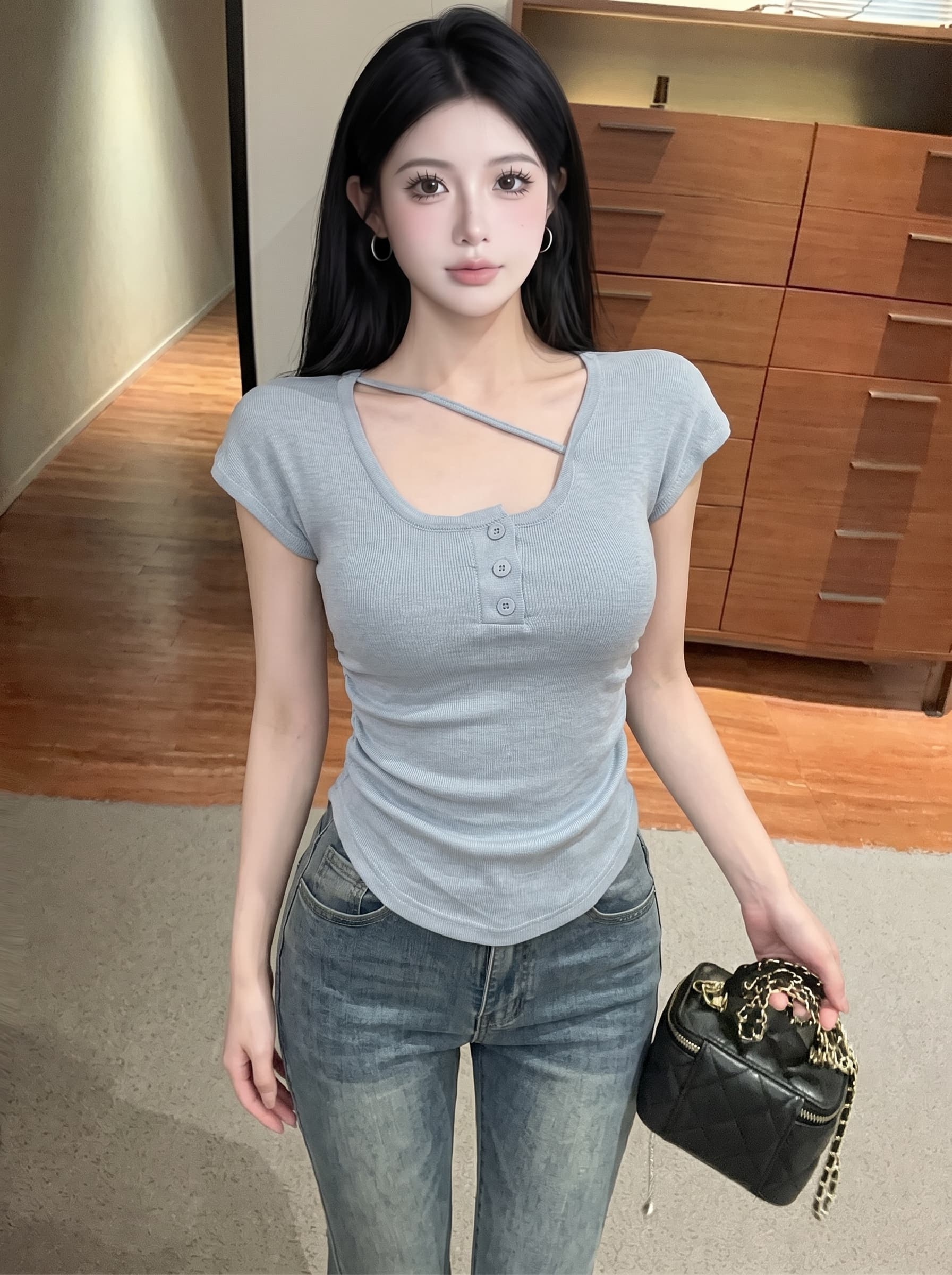 실사 u 칼라 쇄골 민소매 주름 티셔츠 여성 여름 디자인 센스 작은 대중 허리 수축 몸매 가꾸기 쇼트 스타일 니트 스웨터 맨위 상세 이미지 9