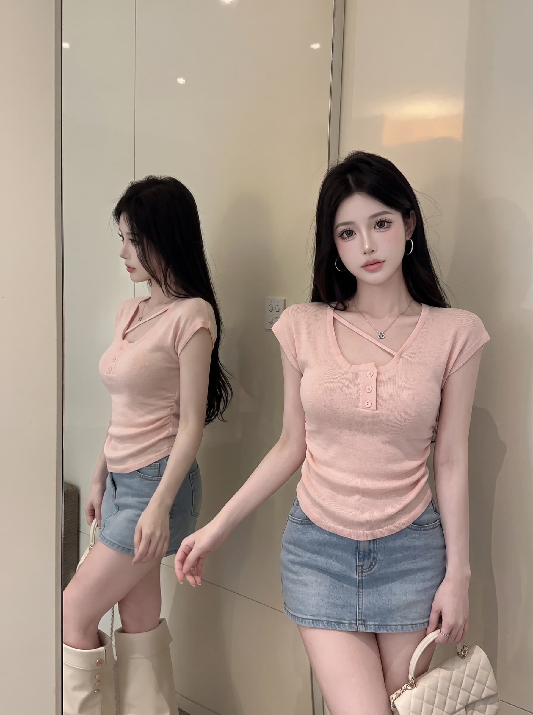 실사 u 칼라 쇄골 민소매 주름 티셔츠 여성 여름 디자인 센스 작은 대중 허리 수축 몸매 가꾸기 쇼트 스타일 니트 스웨터 맨위 상세 이미지 11