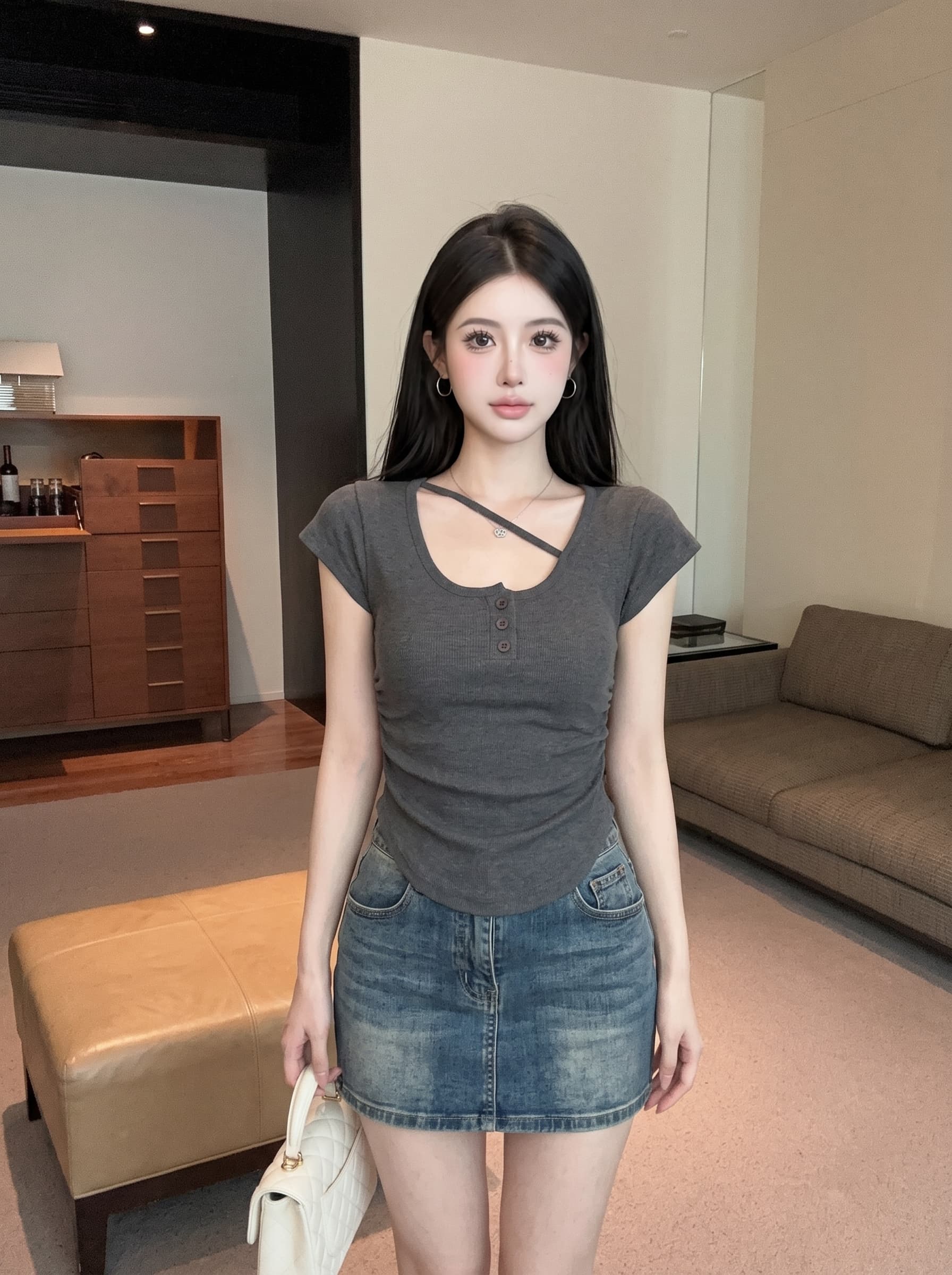 실사 u 칼라 쇄골 민소매 주름 티셔츠 여성 여름 디자인 센스 작은 대중 허리 수축 몸매 가꾸기 쇼트 스타일 니트 스웨터 맨위 상세 이미지 16