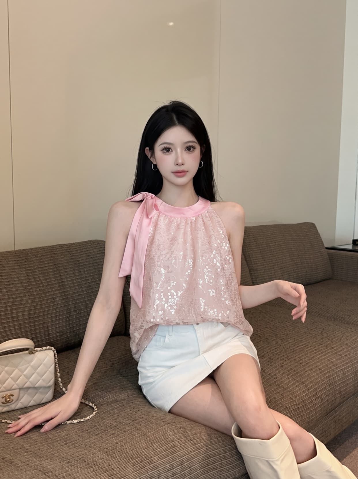 실사 핫걸 레이스업 행침 목 민소매 맨위 여성 여름 무거운 작업 스팽글 쉬폰 블라우스 루즈핏 표지 배 인형 셔츠 이미지 4