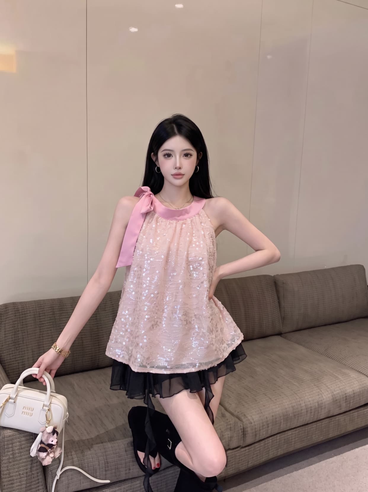 실사 핫걸 레이스업 행침 목 민소매 맨위 여성 여름 무거운 작업 스팽글 쉬폰 블라우스 루즈핏 표지 배 인형 셔츠 상세 이미지 1