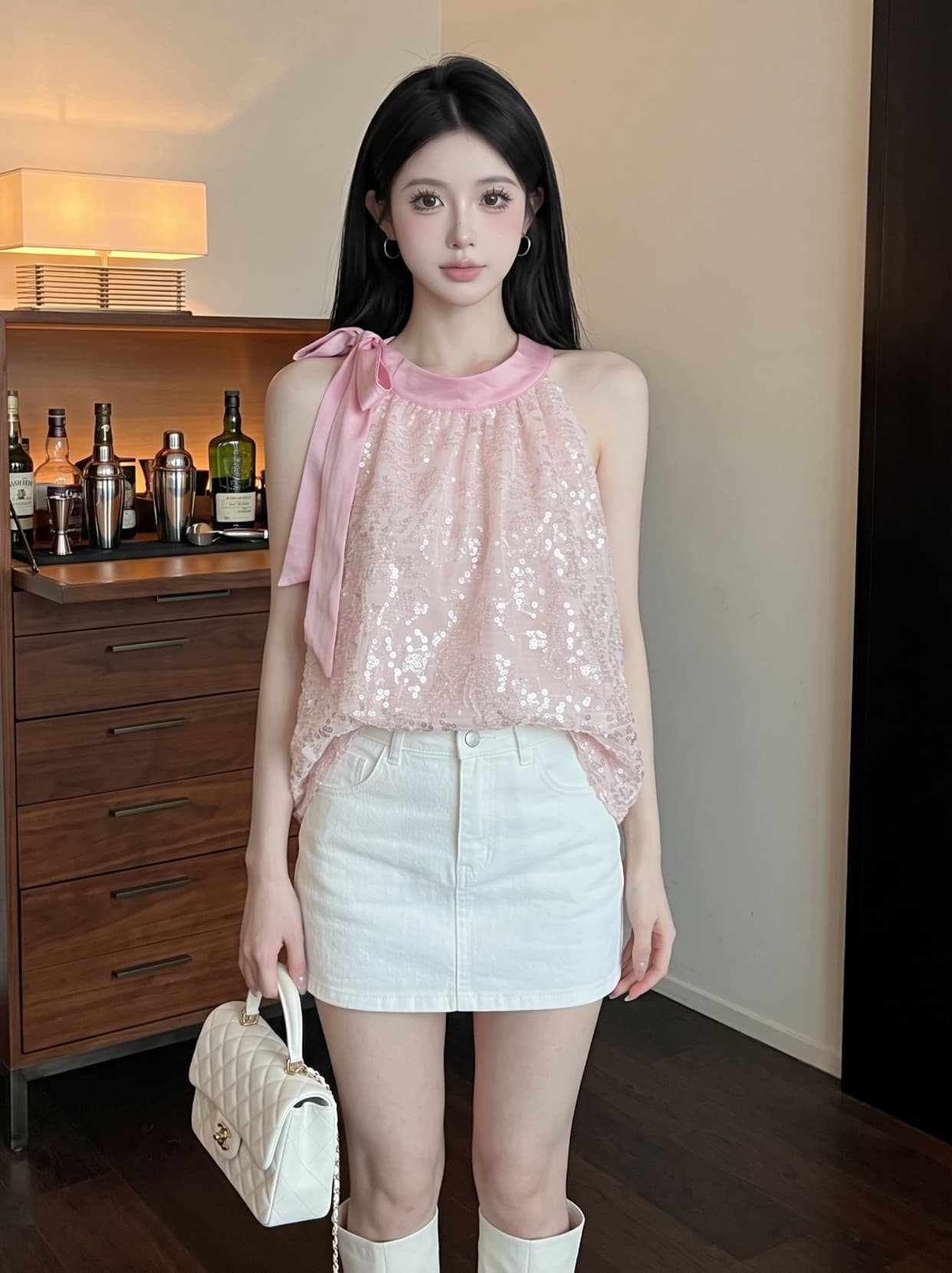 실사 핫걸 레이스업 행침 목 민소매 맨위 여성 여름 무거운 작업 스팽글 쉬폰 블라우스 루즈핏 표지 배 인형 셔츠 상세 이미지 3