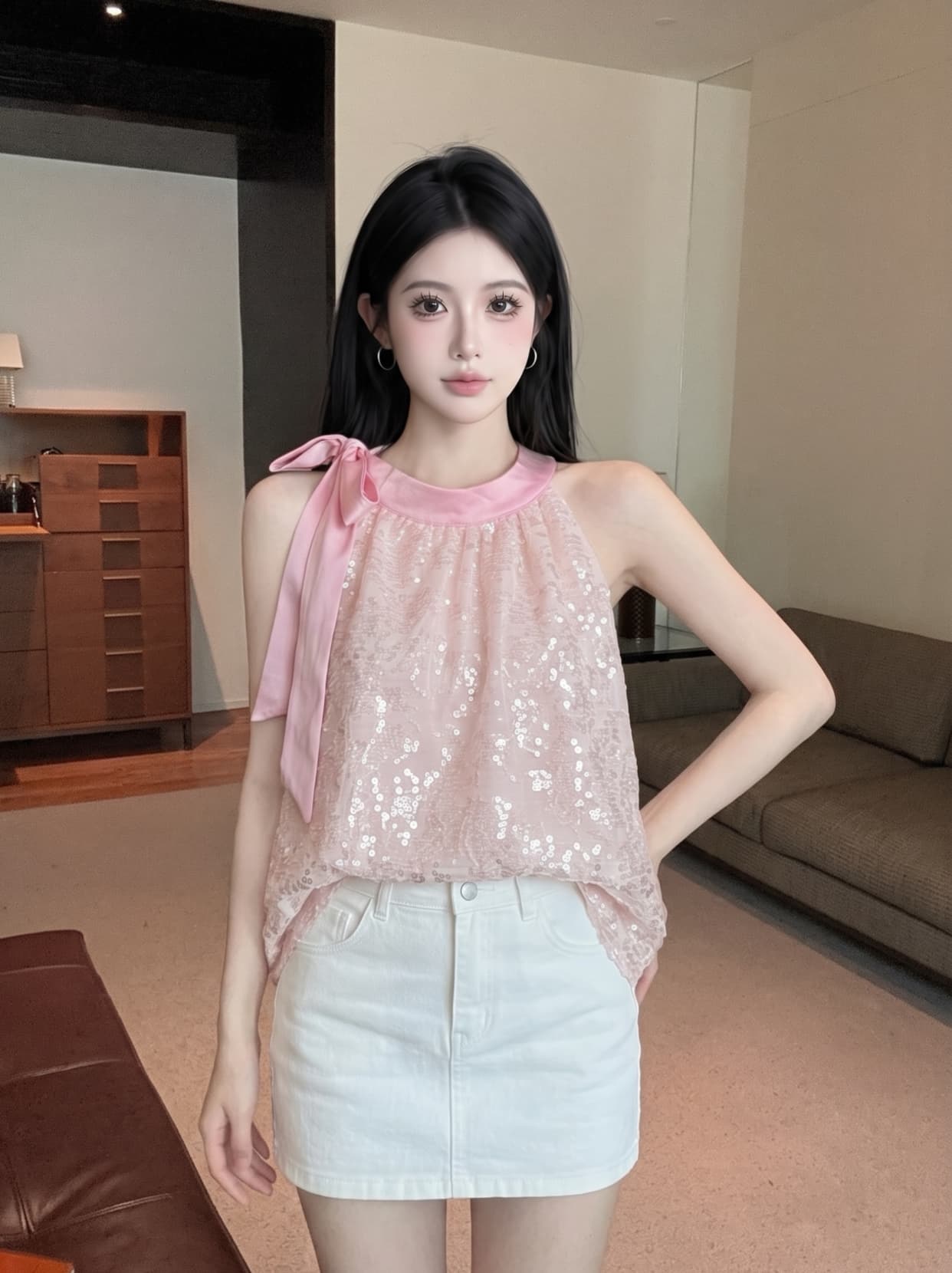 실사 핫걸 레이스업 행침 목 민소매 맨위 여성 여름 무거운 작업 스팽글 쉬폰 블라우스 루즈핏 표지 배 인형 셔츠 상세 이미지 4