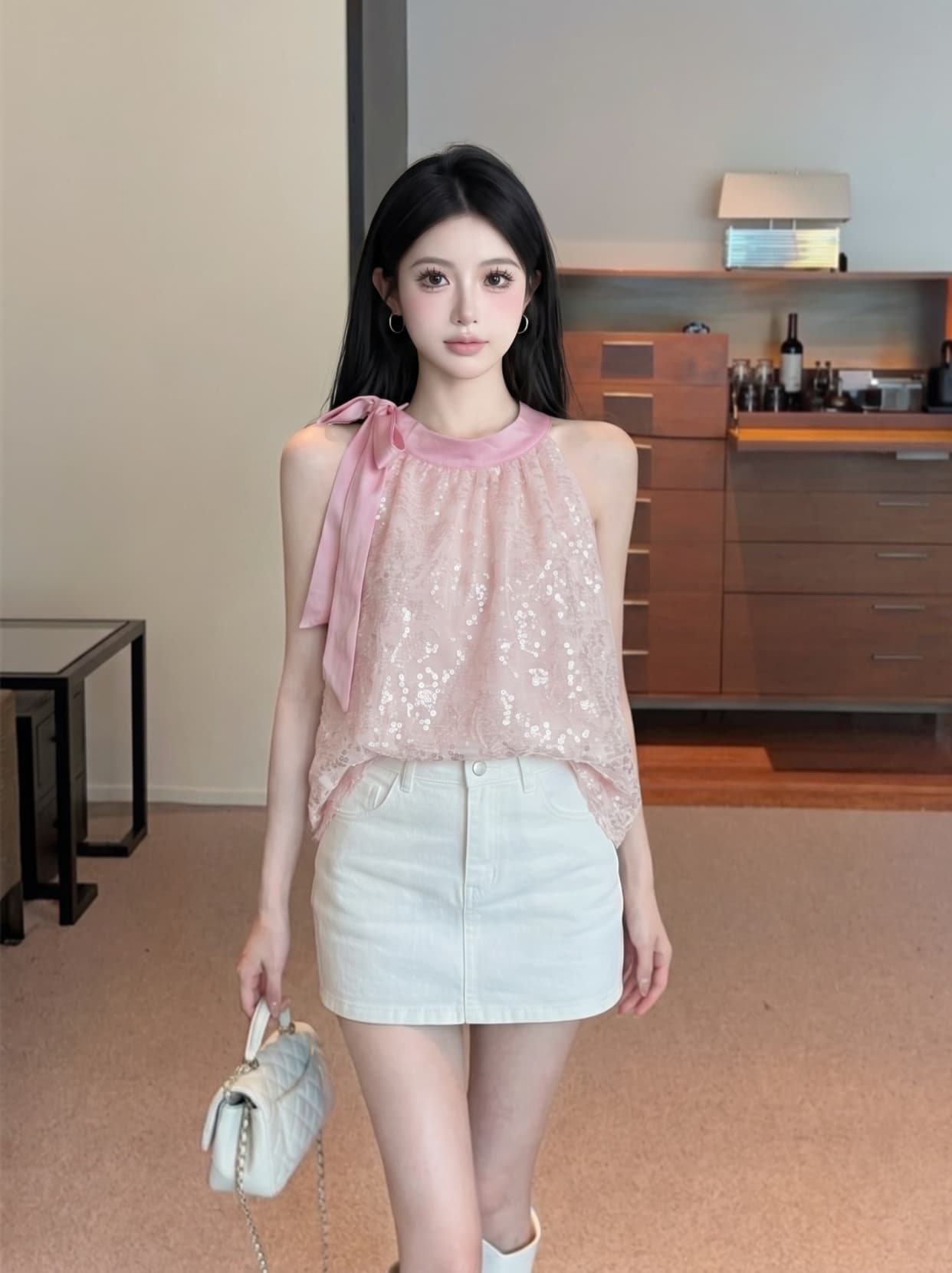 실사 핫걸 레이스업 행침 목 민소매 맨위 여성 여름 무거운 작업 스팽글 쉬폰 블라우스 루즈핏 표지 배 인형 셔츠 상세 이미지 6