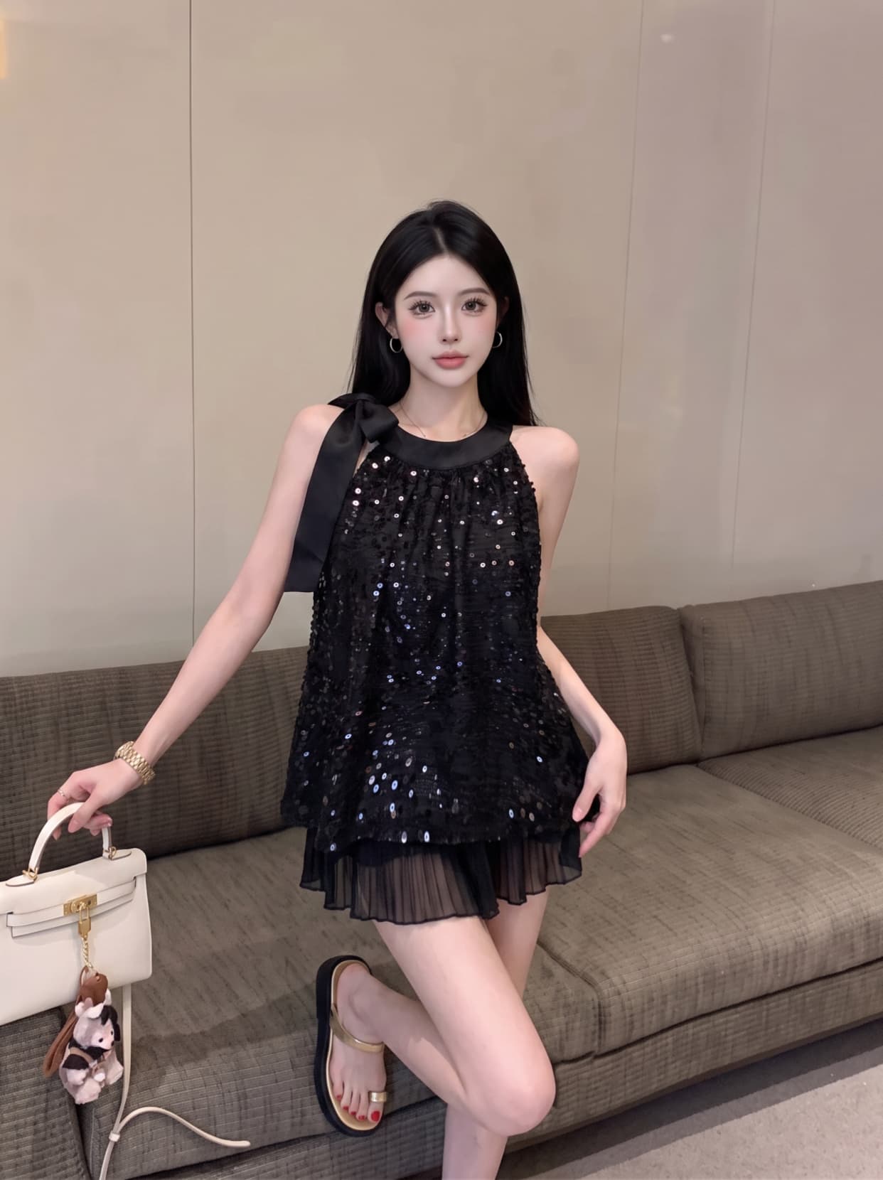 실사 핫걸 레이스업 행침 목 민소매 맨위 여성 여름 무거운 작업 스팽글 쉬폰 블라우스 루즈핏 표지 배 인형 셔츠 상세 이미지 7