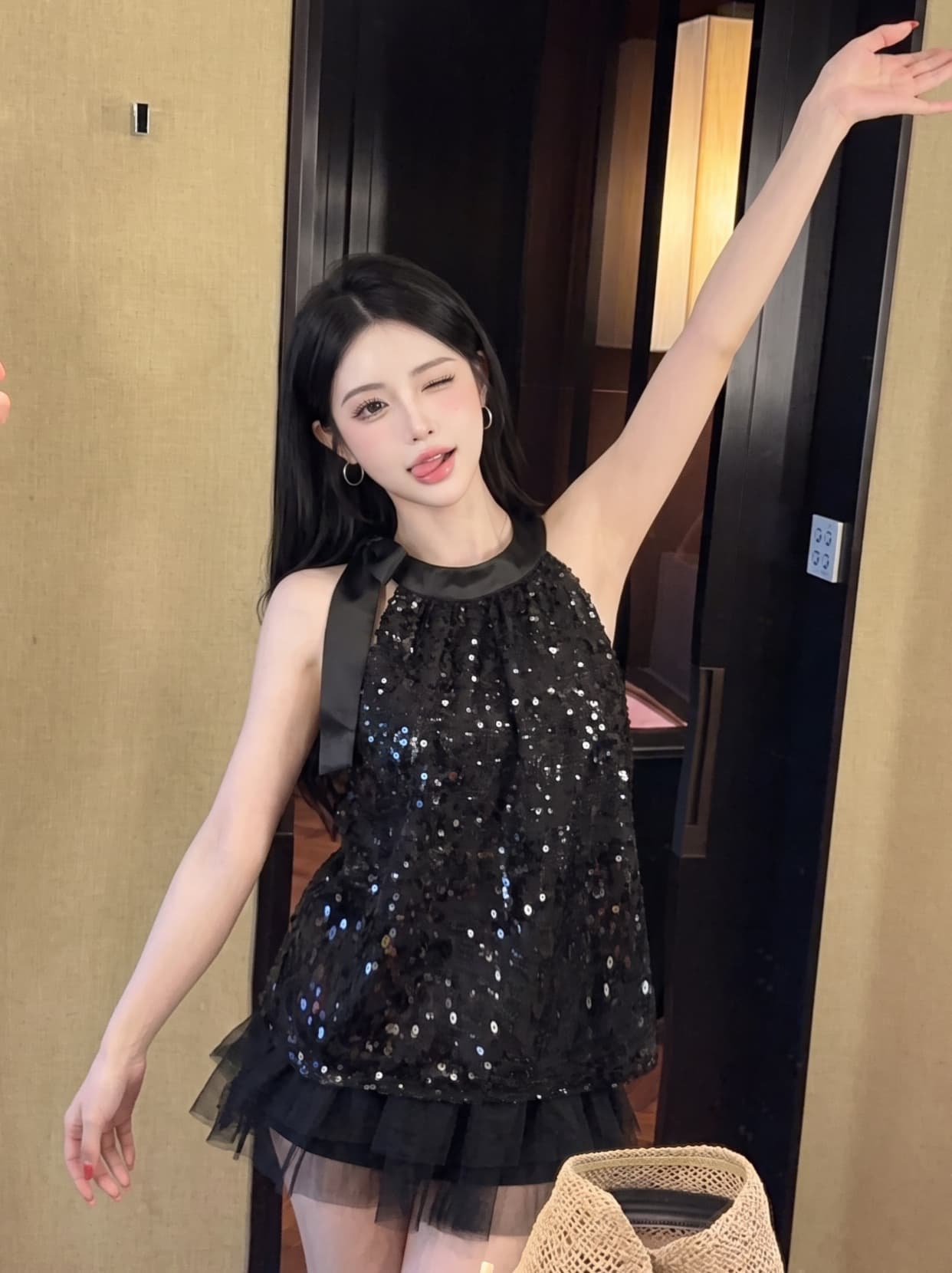 실사 핫걸 레이스업 행침 목 민소매 맨위 여성 여름 무거운 작업 스팽글 쉬폰 블라우스 루즈핏 표지 배 인형 셔츠 상세 이미지 9