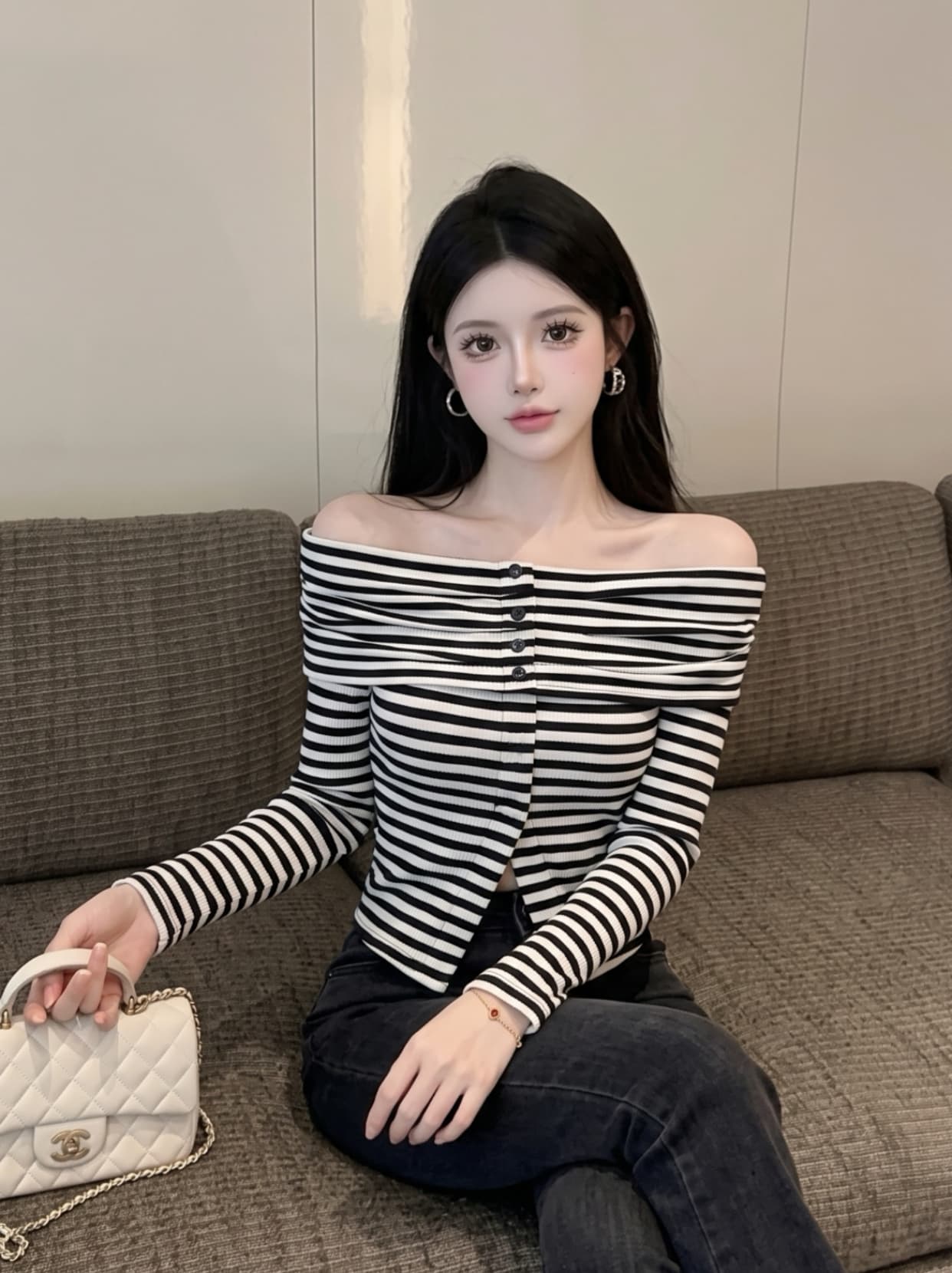 실사 달콤한 핫걸 섹시함 오프숄더 기본 셔츠 쇼트 스타일 맨위 프랑스식 고유 한 Chic 스트라이프 긴팔 티셔츠 여성 이미지 5