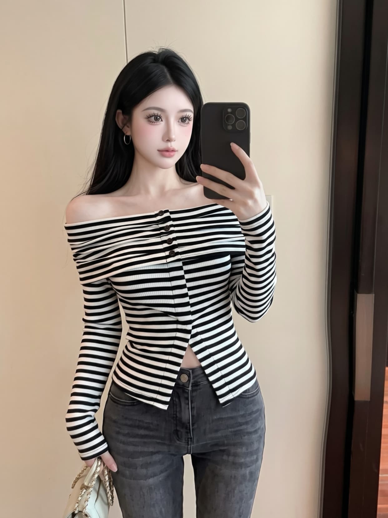 실사 달콤한 핫걸 섹시함 오프숄더 기본 셔츠 쇼트 스타일 맨위 프랑스식 고유 한 Chic 스트라이프 긴팔 티셔츠 여성 상세 이미지 4