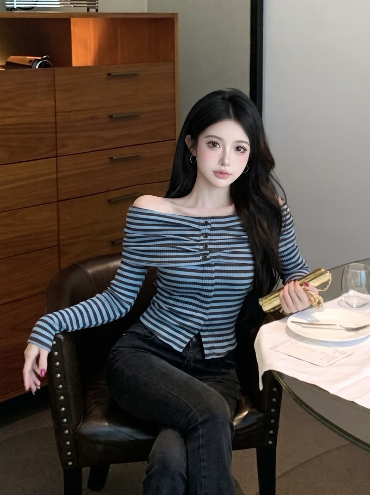 실사 달콤한 핫걸 섹시함 오프숄더 기본 셔츠 쇼트 스타일 맨위 프랑스식 고유 한 Chic 스트라이프 긴팔 티셔츠 여성 상세 이미지 7