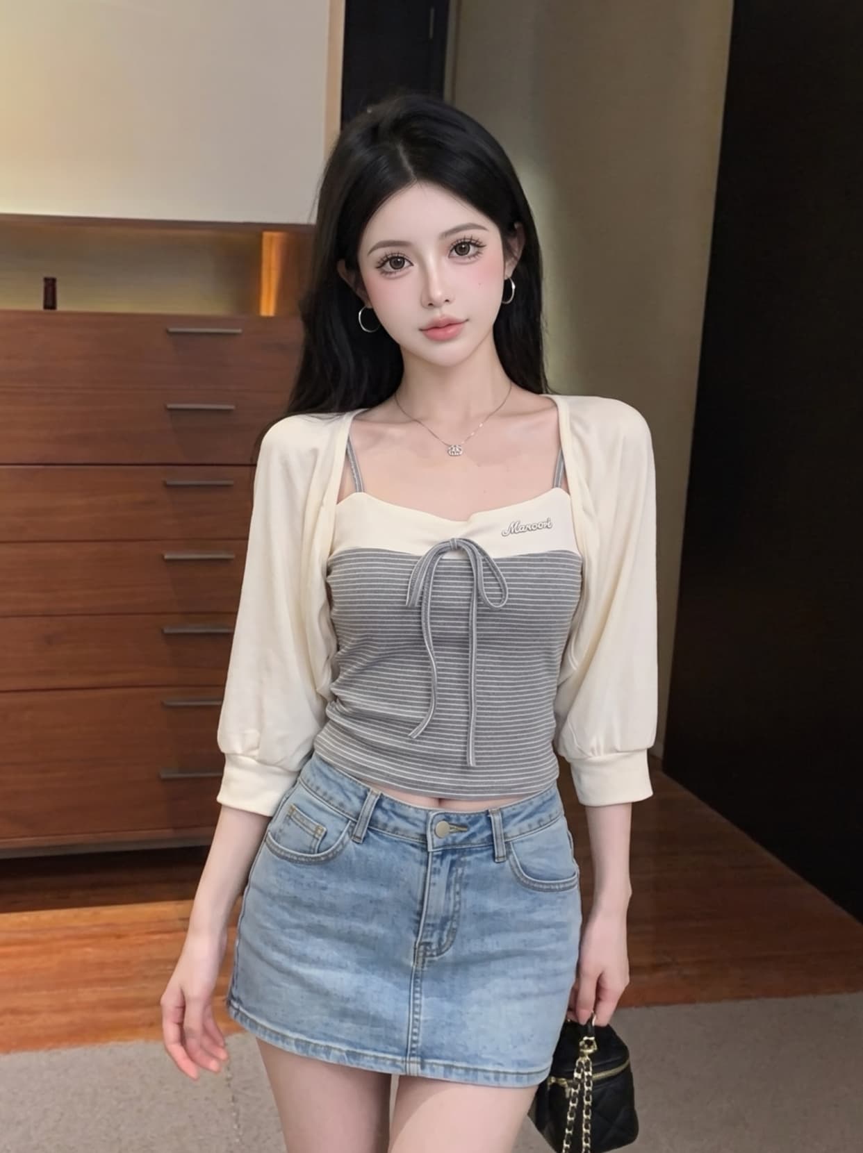 실사 이른 가을 스택 착용 나비 넥타이 랜턴 고유 한 Chic 긴팔 캐미솔 투피스 세트 맨위 이미지 2