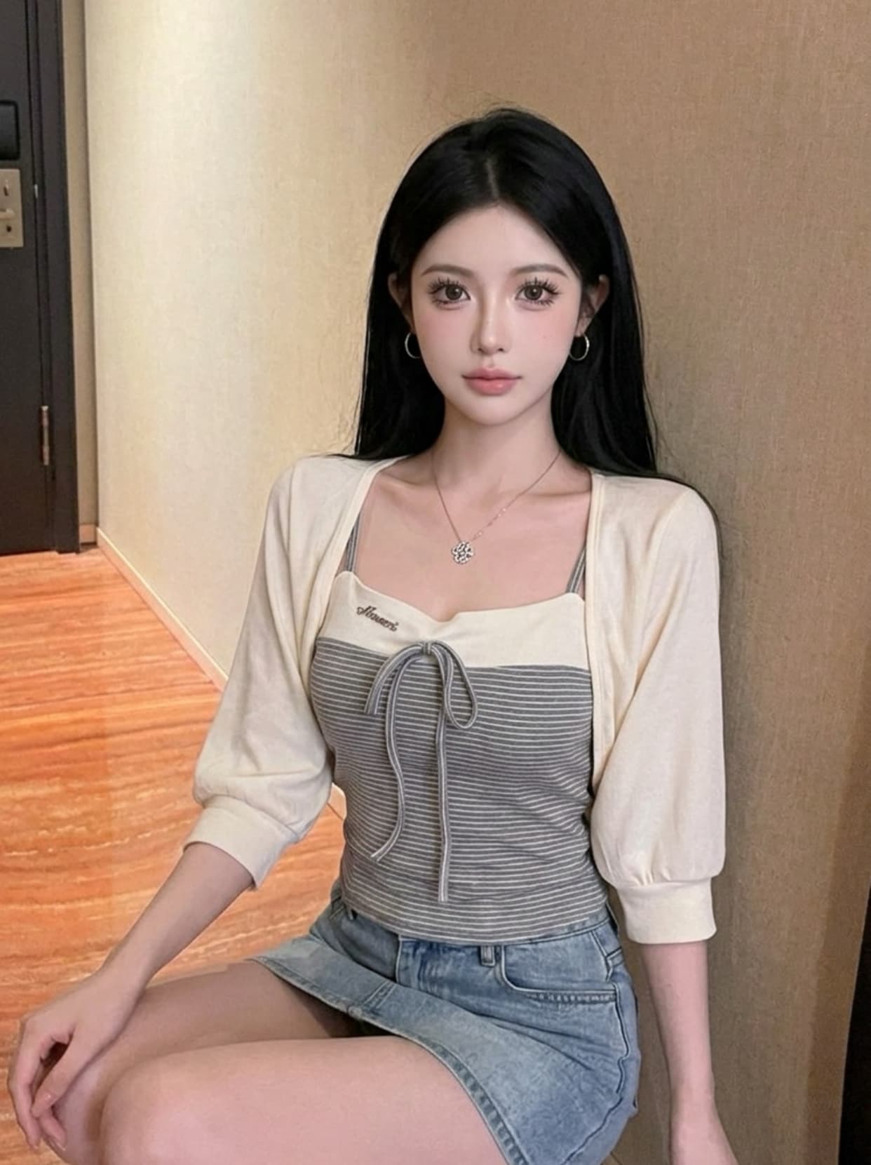 실사 이른 가을 스택 착용 나비 넥타이 랜턴 고유 한 Chic 긴팔 캐미솔 투피스 세트 맨위 이미지 5