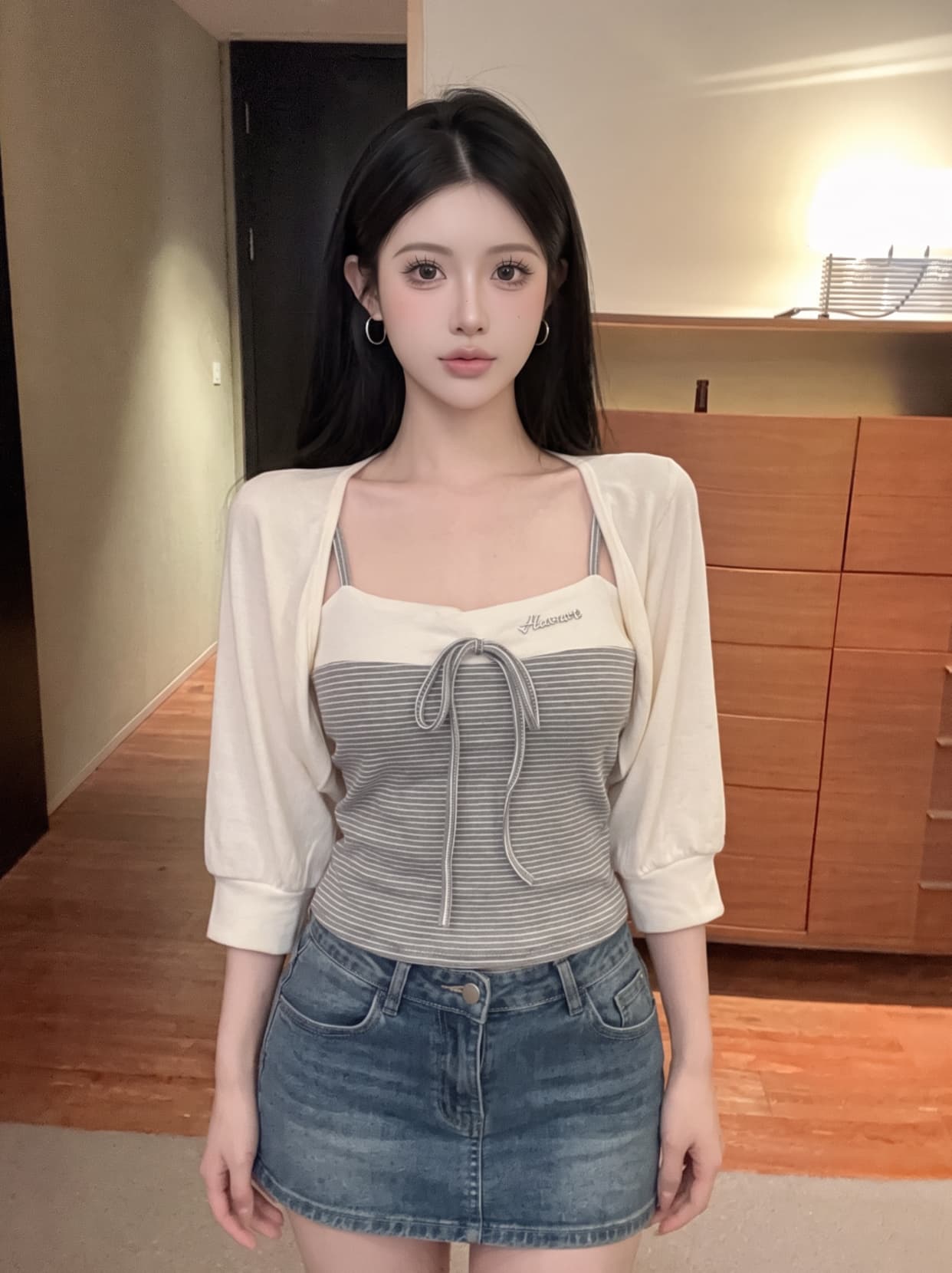 실사 이른 가을 스택 착용 나비 넥타이 랜턴 고유 한 Chic 긴팔 캐미솔 투피스 세트 맨위 상세 이미지 2
