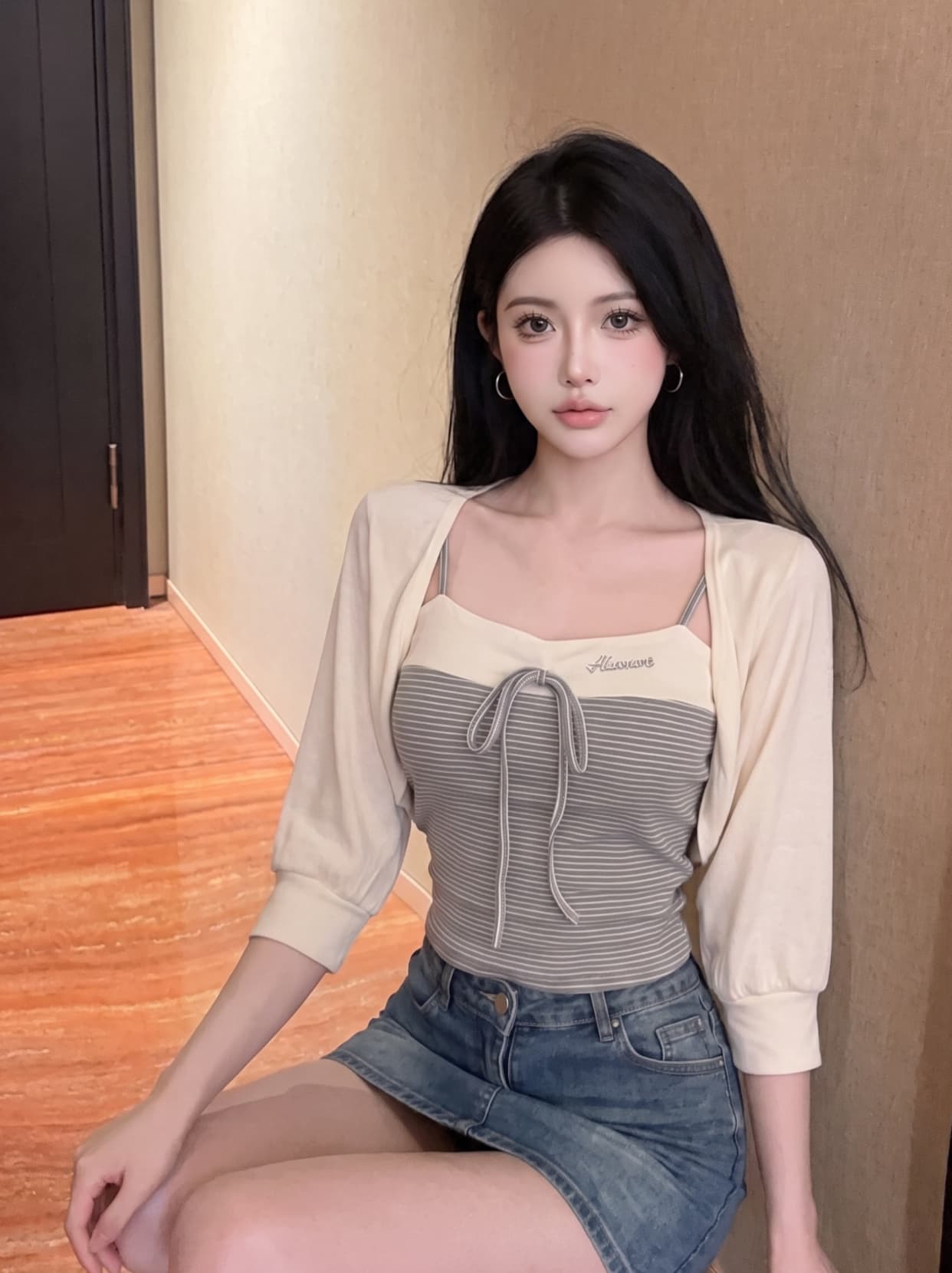 실사 이른 가을 스택 착용 나비 넥타이 랜턴 고유 한 Chic 긴팔 캐미솔 투피스 세트 맨위 상세 이미지 3