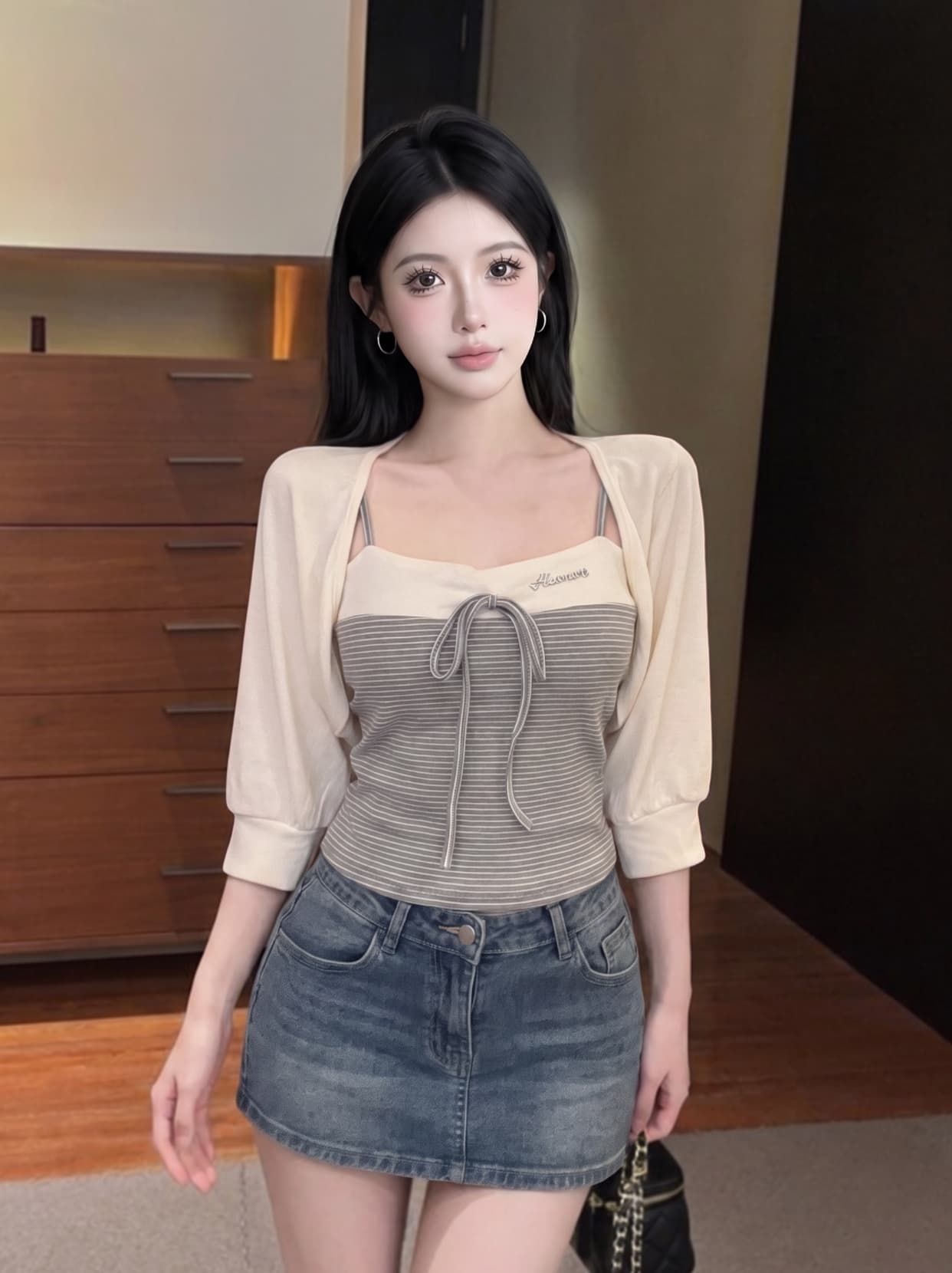 실사 이른 가을 스택 착용 나비 넥타이 랜턴 고유 한 Chic 긴팔 캐미솔 투피스 세트 맨위 상세 이미지 4