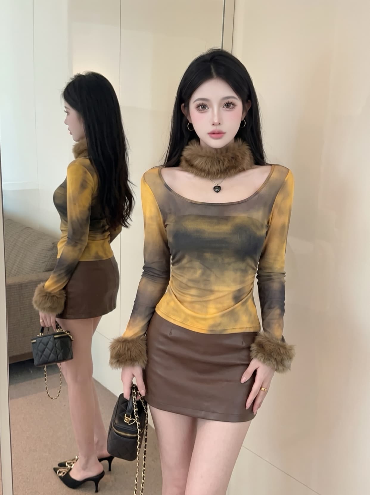 실사 디자인 센스 홀치기 염색 플리스 목도리 긴팔 티셔츠 여성 가을 허리 수축 슬림해 보이는 맨위 Chic 망사 맨위 상세 이미지 1