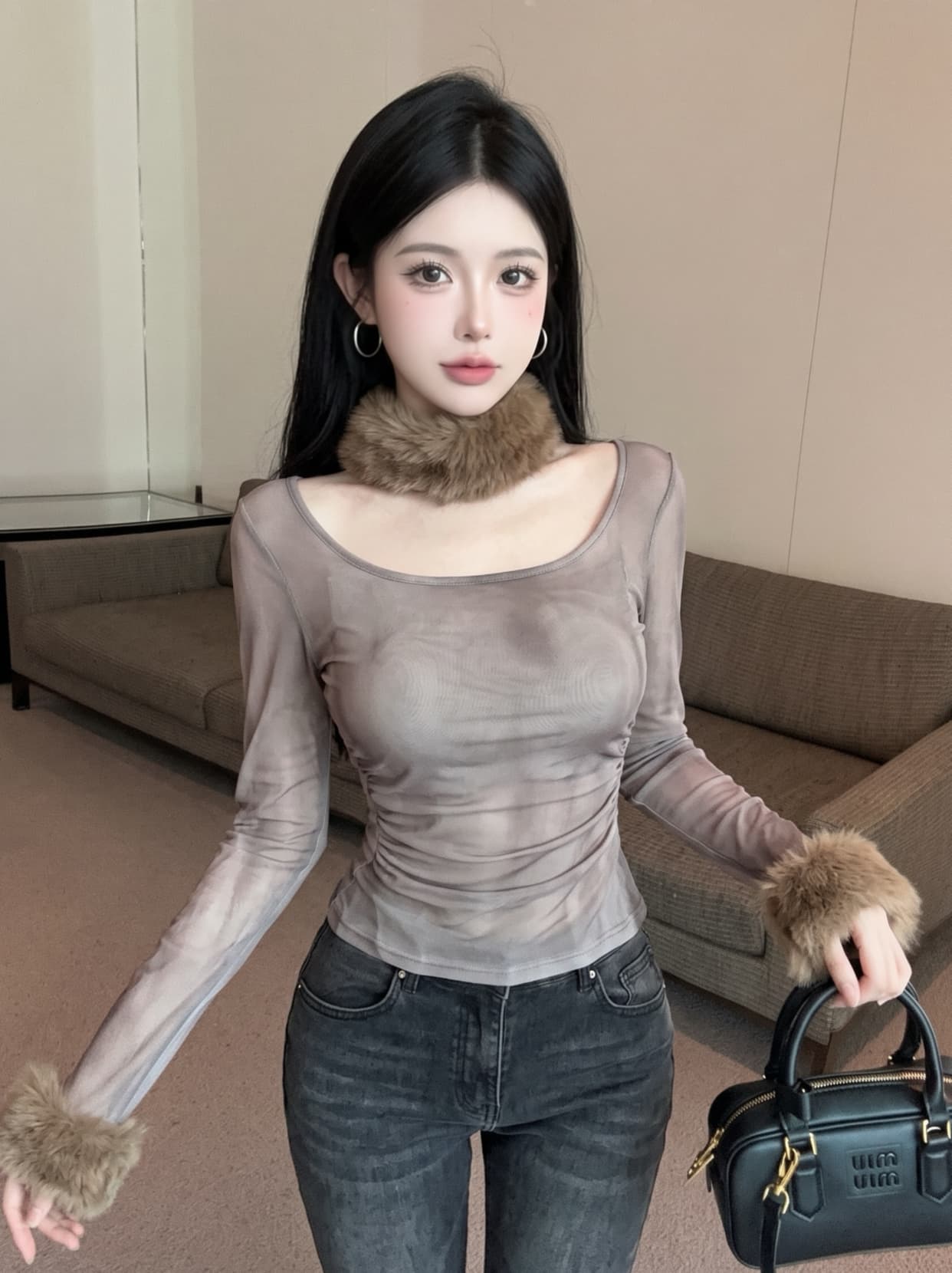실사 디자인 센스 홀치기 염색 플리스 목도리 긴팔 티셔츠 여성 가을 허리 수축 슬림해 보이는 맨위 Chic 망사 맨위 상세 이미지 9