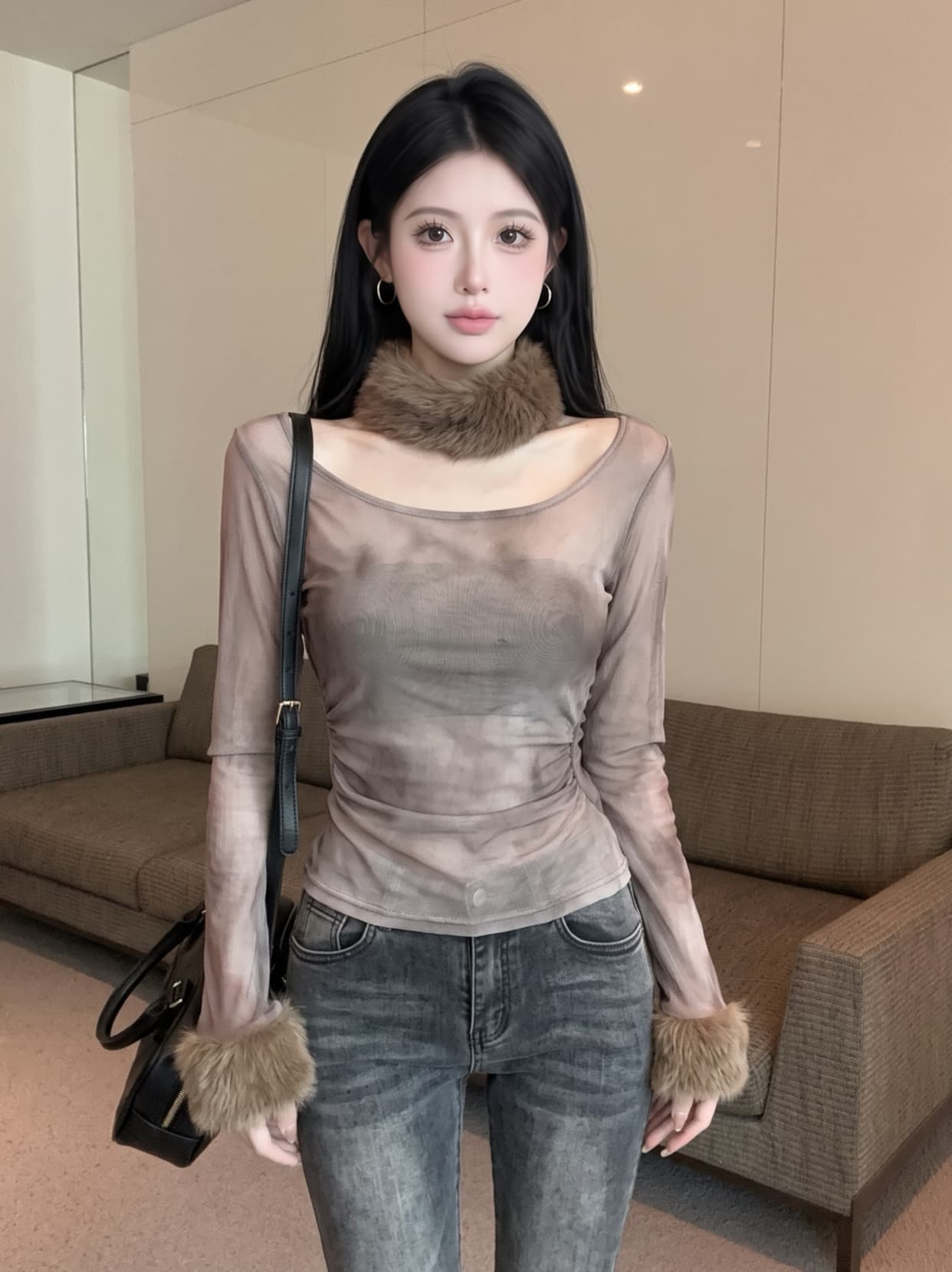 실사 디자인 센스 홀치기 염색 플리스 목도리 긴팔 티셔츠 여성 가을 허리 수축 슬림해 보이는 맨위 Chic 망사 맨위 상세 이미지 10