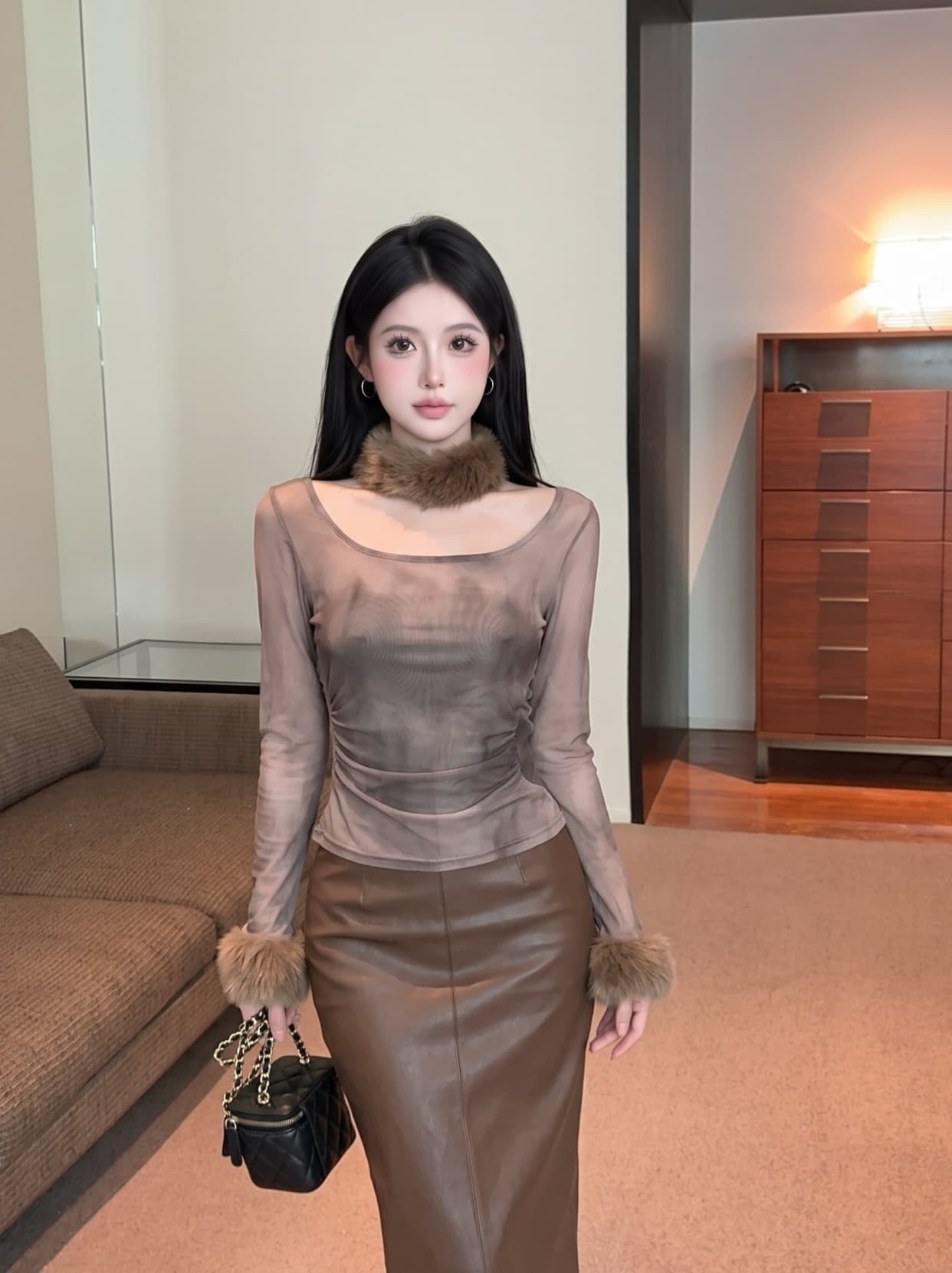 실사 디자인 센스 홀치기 염색 플리스 목도리 긴팔 티셔츠 여성 가을 허리 수축 슬림해 보이는 맨위 Chic 망사 맨위 상세 이미지 12