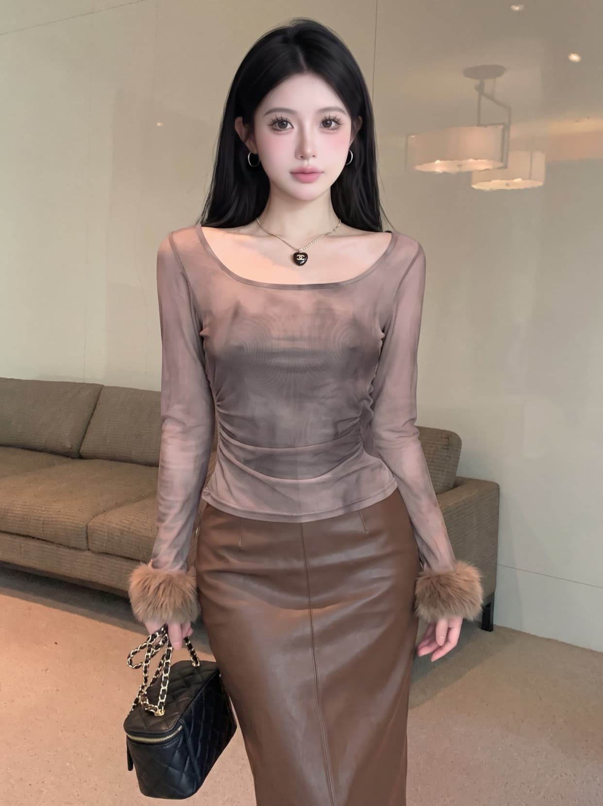 실사 디자인 센스 홀치기 염색 플리스 목도리 긴팔 티셔츠 여성 가을 허리 수축 슬림해 보이는 맨위 Chic 망사 맨위 상세 이미지 14