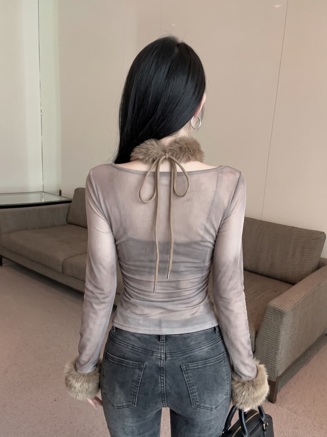 실사 디자인 센스 홀치기 염색 플리스 목도리 긴팔 티셔츠 여성 가을 허리 수축 슬림해 보이는 맨위 Chic 망사 맨위 상세 이미지 16