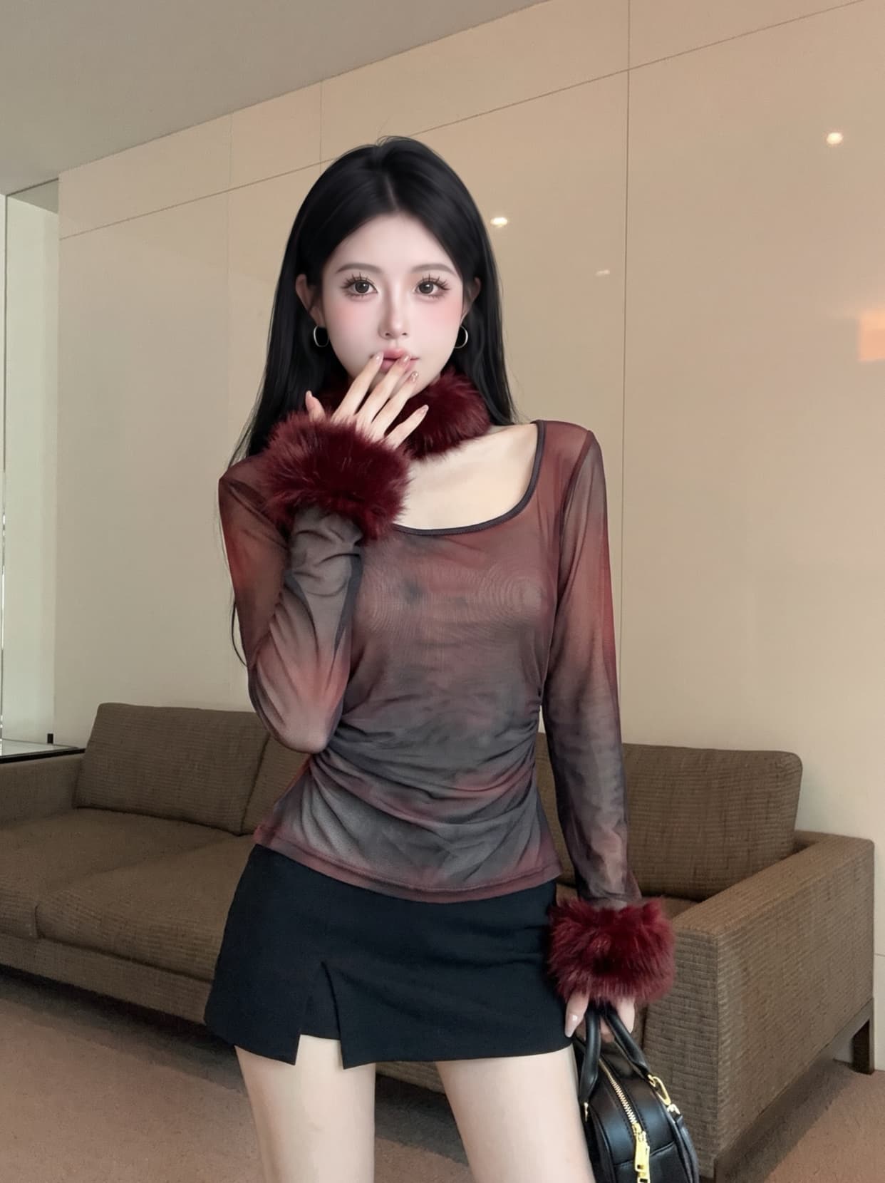 실사 디자인 센스 홀치기 염색 플리스 목도리 긴팔 티셔츠 여성 가을 허리 수축 슬림해 보이는 맨위 Chic 망사 맨위 상세 이미지 17