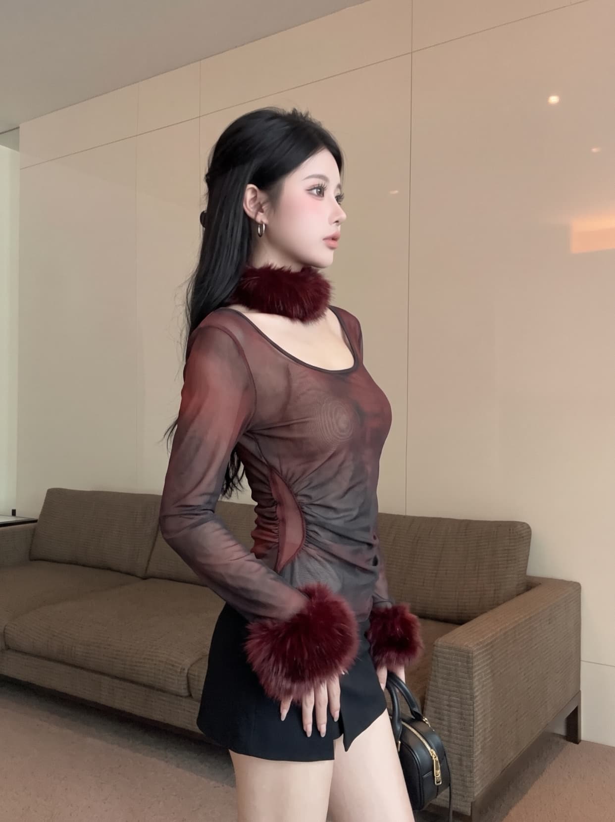 실사 디자인 센스 홀치기 염색 플리스 목도리 긴팔 티셔츠 여성 가을 허리 수축 슬림해 보이는 맨위 Chic 망사 맨위 상세 이미지 18