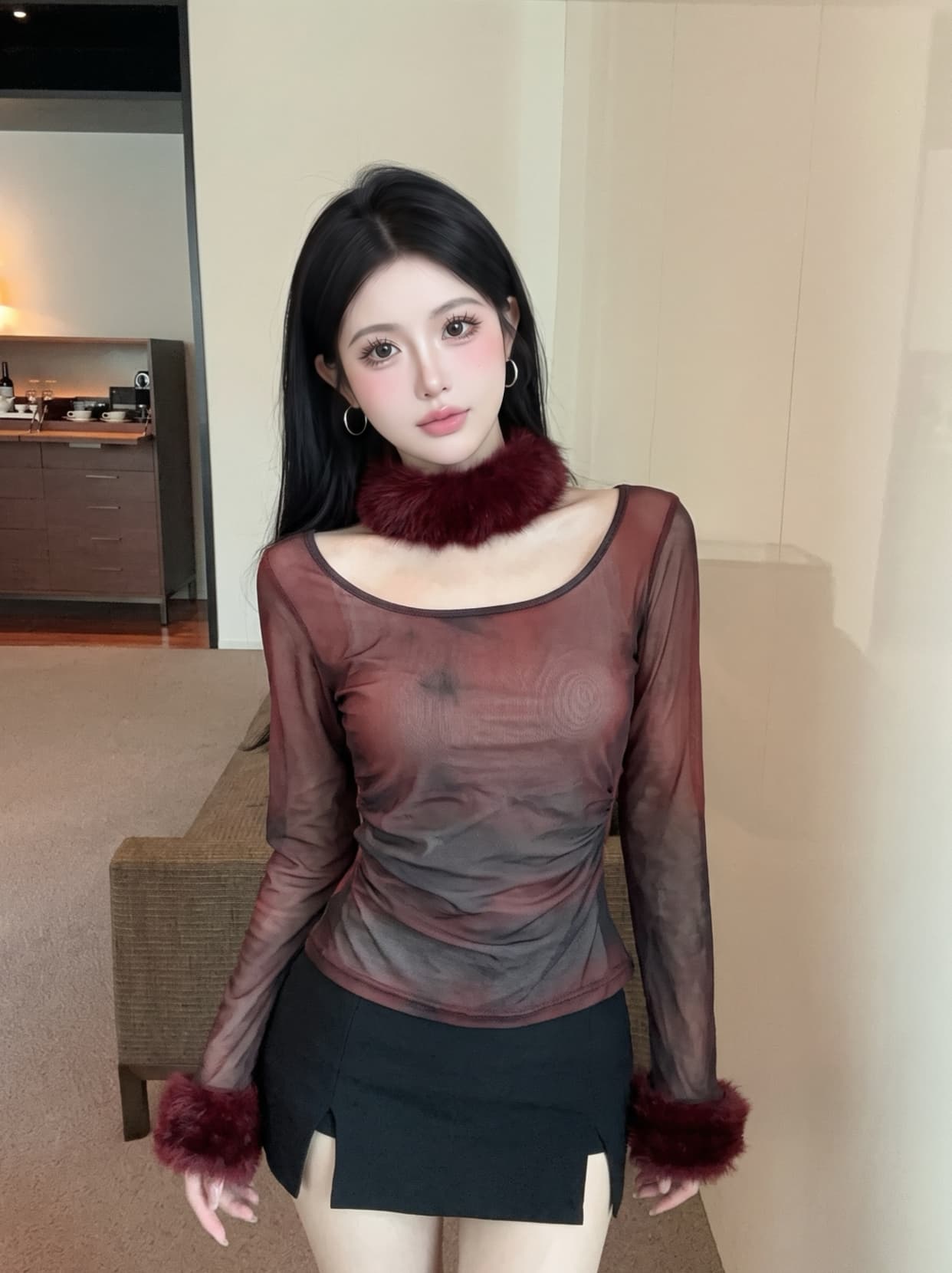 실사 디자인 센스 홀치기 염색 플리스 목도리 긴팔 티셔츠 여성 가을 허리 수축 슬림해 보이는 맨위 Chic 망사 맨위 상세 이미지 20