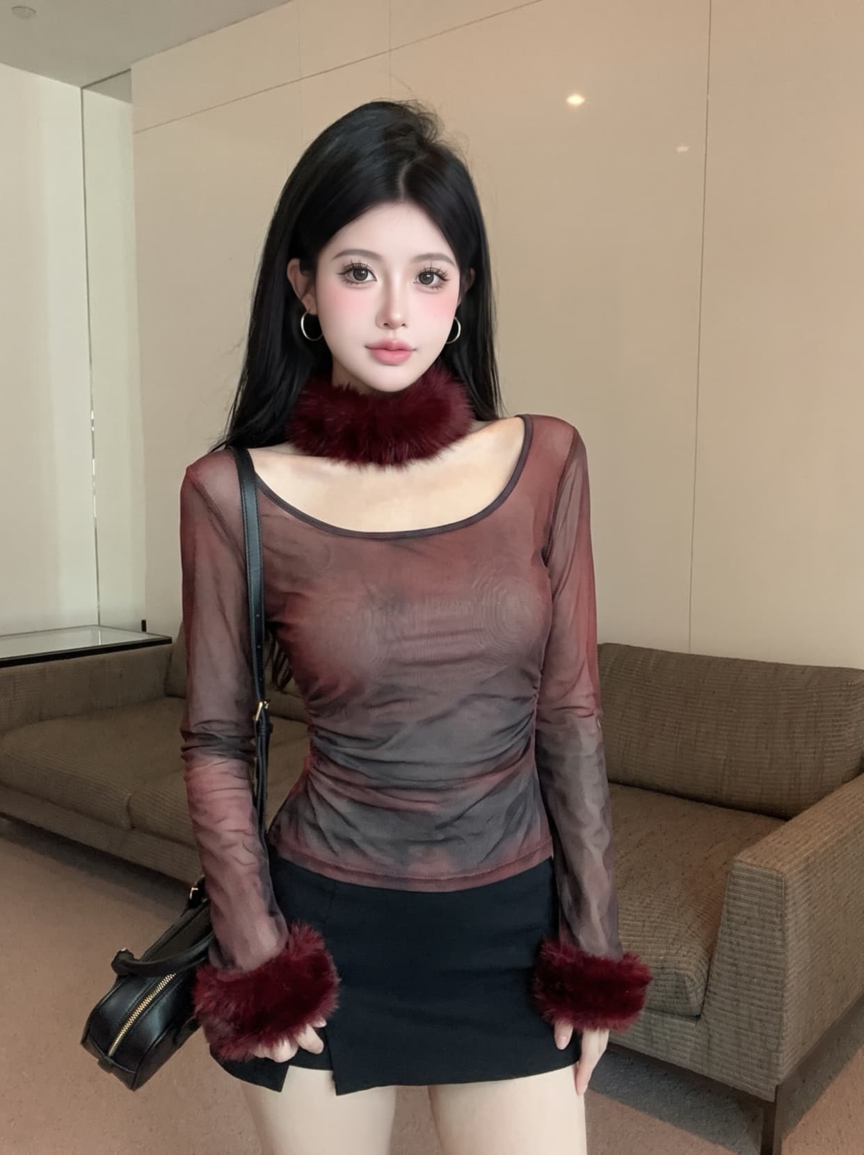 실사 디자인 센스 홀치기 염색 플리스 목도리 긴팔 티셔츠 여성 가을 허리 수축 슬림해 보이는 맨위 Chic 망사 맨위 상세 이미지 21