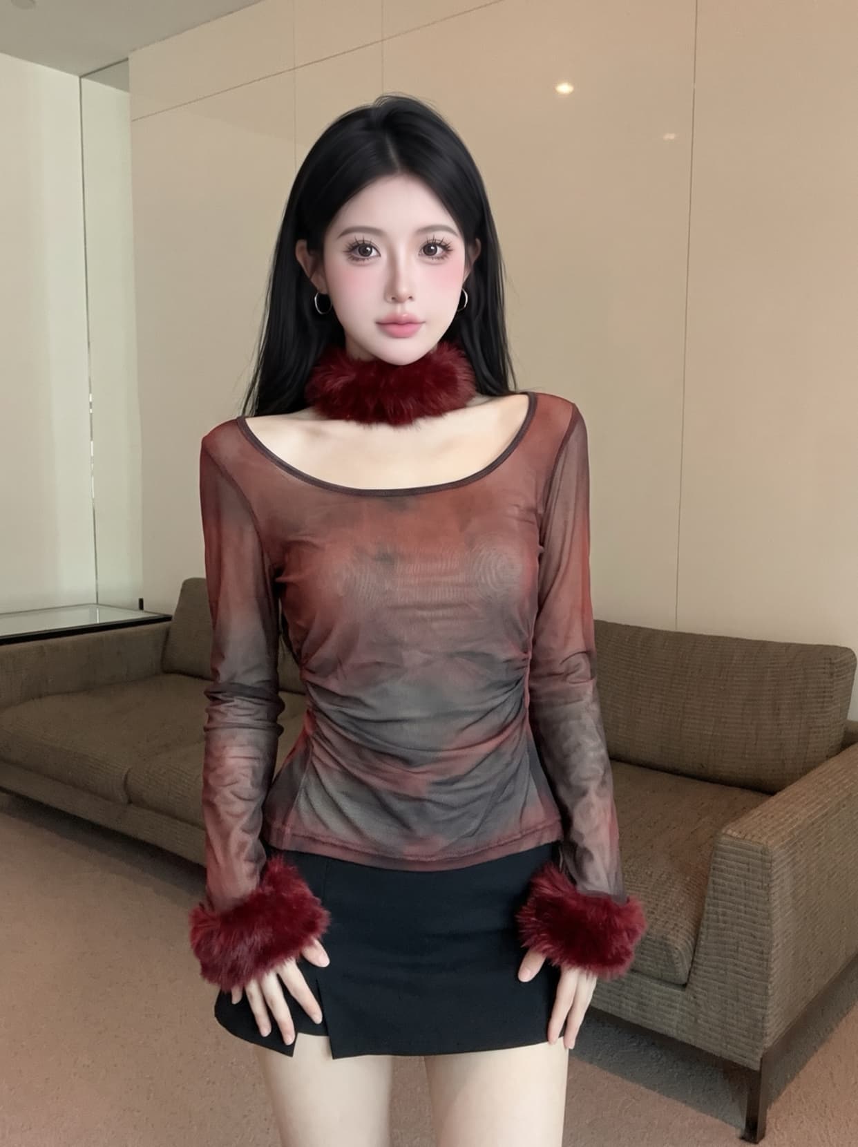 실사 디자인 센스 홀치기 염색 플리스 목도리 긴팔 티셔츠 여성 가을 허리 수축 슬림해 보이는 맨위 Chic 망사 맨위 상세 이미지 22