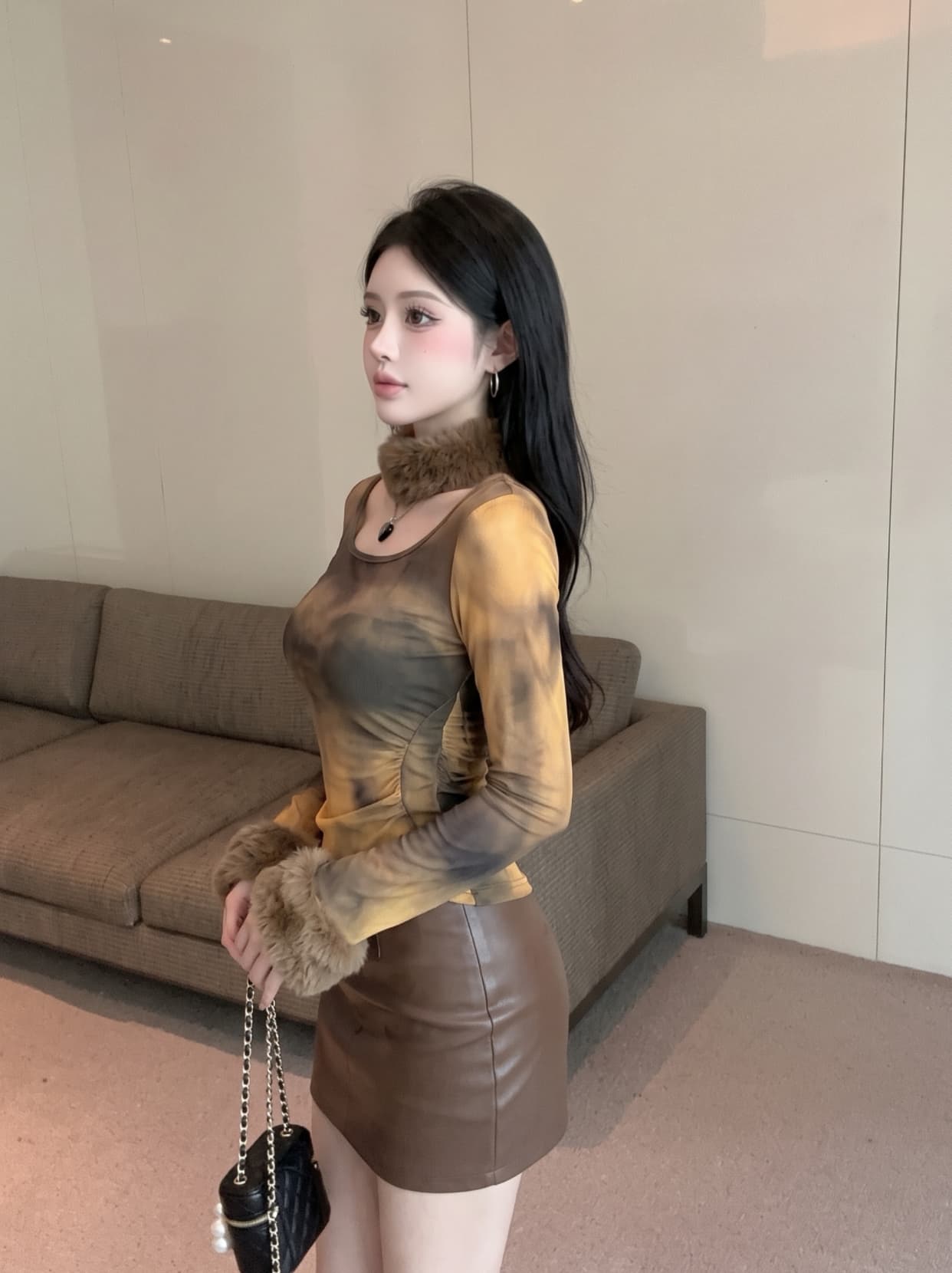 실사 품격 명문 여성 경기 플리스 목도리 긴팔 티셔츠 핫걸 단층 시스루 망사 광장 칼라 쇼트 스타일 맨위 이미지 4