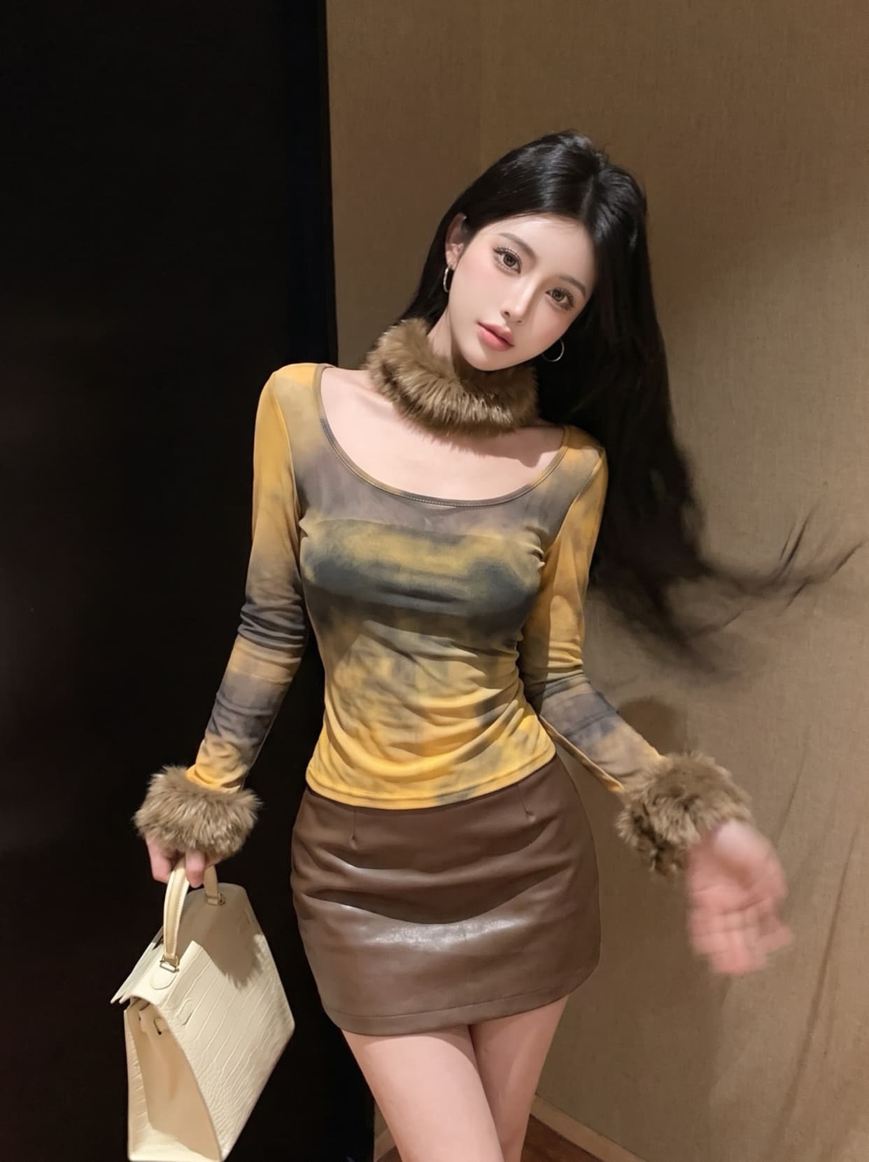 실사 품격 명문 여성 경기 플리스 목도리 긴팔 티셔츠 핫걸 단층 시스루 망사 광장 칼라 쇼트 스타일 맨위 상세 이미지 2