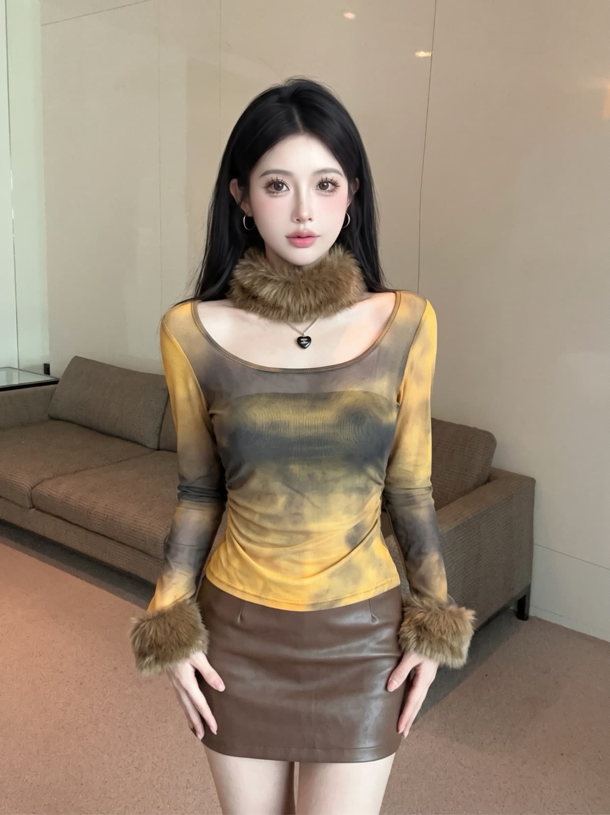 실사 품격 명문 여성 경기 플리스 목도리 긴팔 티셔츠 핫걸 단층 시스루 망사 광장 칼라 쇼트 스타일 맨위 상세 이미지 3