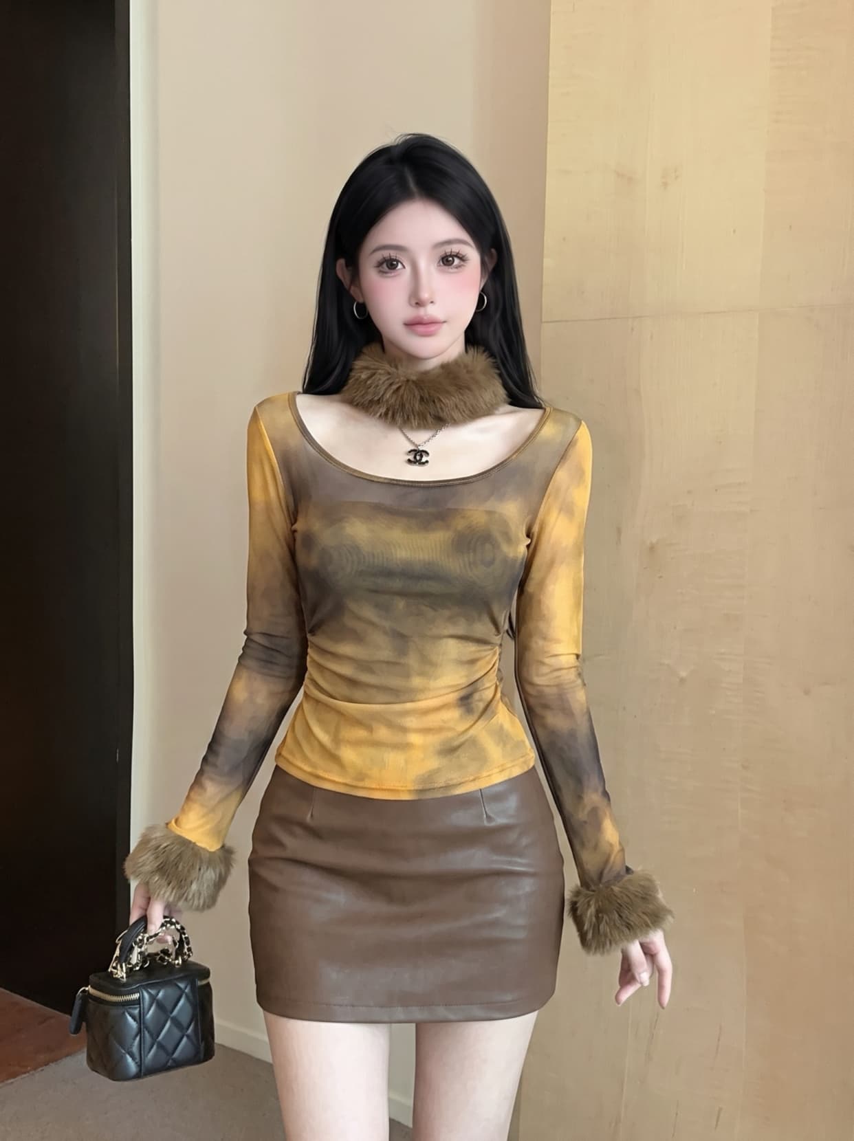 실사 품격 명문 여성 경기 플리스 목도리 긴팔 티셔츠 핫걸 단층 시스루 망사 광장 칼라 쇼트 스타일 맨위 상세 이미지 4