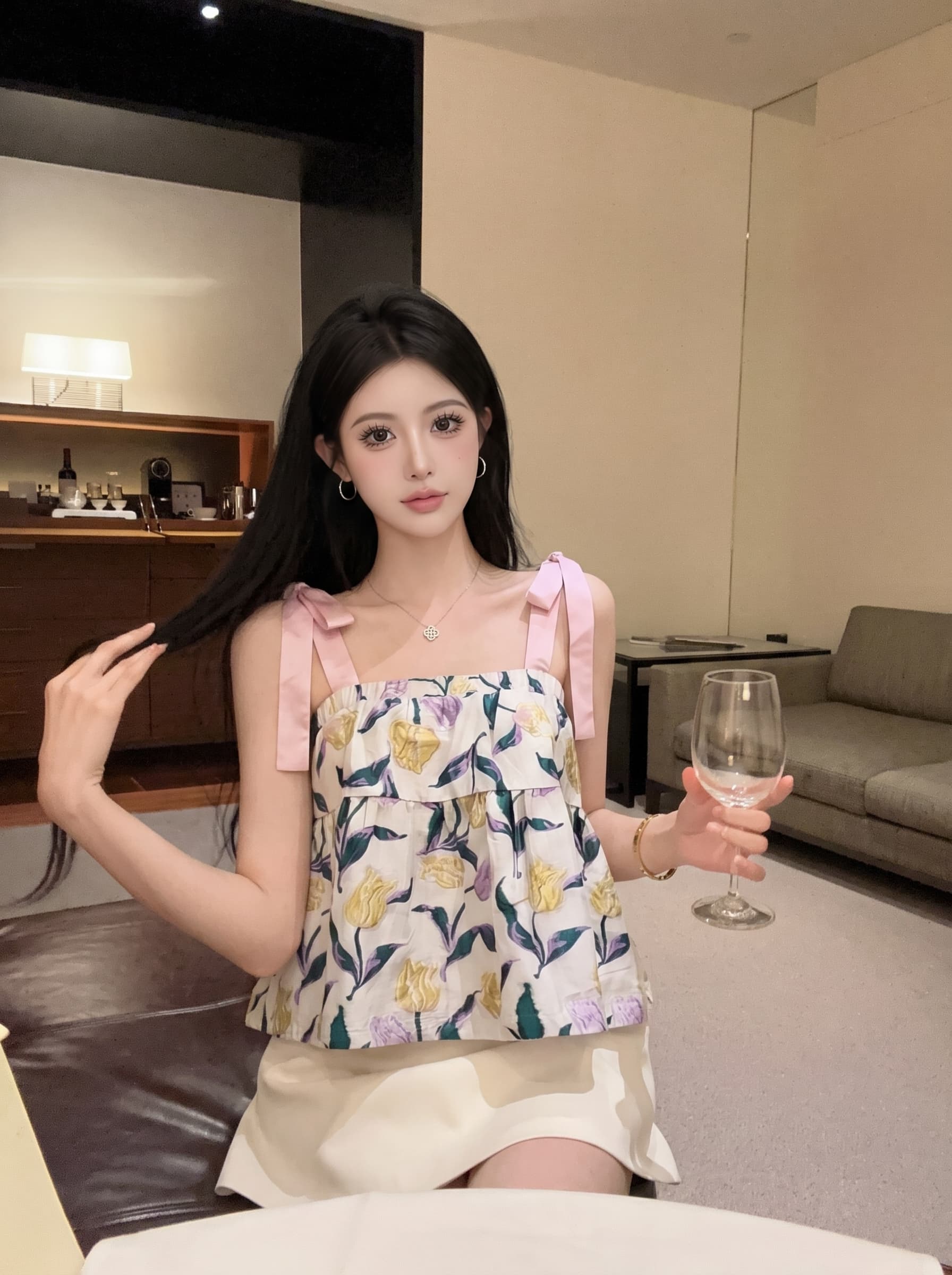 실사 레트로 깨진 꽃이 떨어지는 어깨 민소매 나비 매듭 슬립 인형 셔츠 루즈핏 슬림해 보이는 조끼 맨위 여성 여름 상세 이미지 4