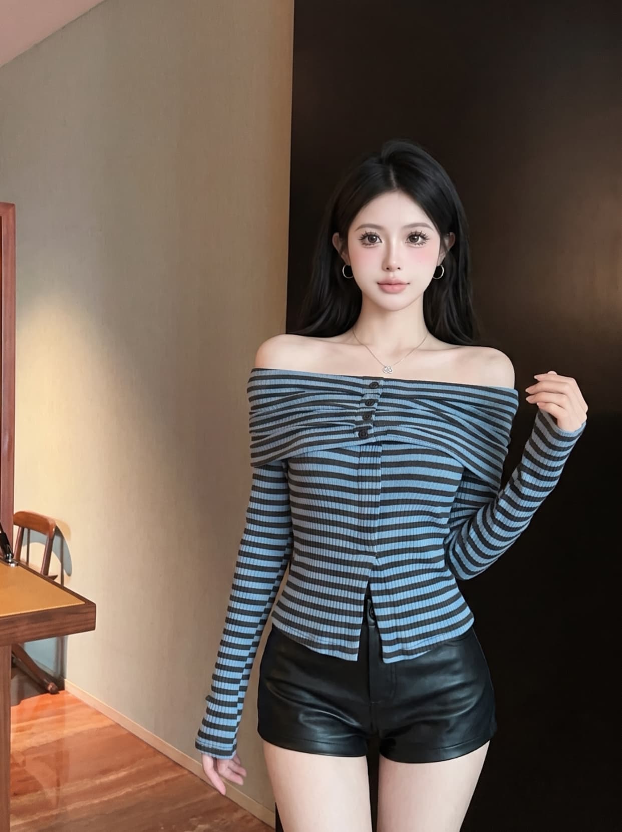 실사 달콤한 핫걸 섹시함 오프숄더 기본 셔츠 쇼트 스타일 맨위 프랑스식 고유 한 Chic 스트라이프 긴팔 티셔츠 여성 이미지 2