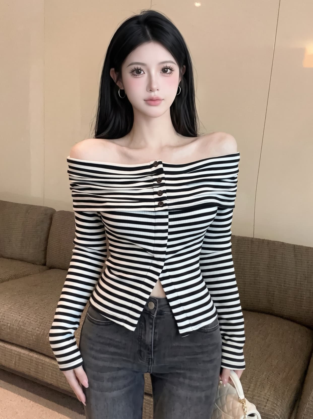실사 달콤한 핫걸 섹시함 오프숄더 기본 셔츠 쇼트 스타일 맨위 프랑스식 고유 한 Chic 스트라이프 긴팔 티셔츠 여성 이미지 3