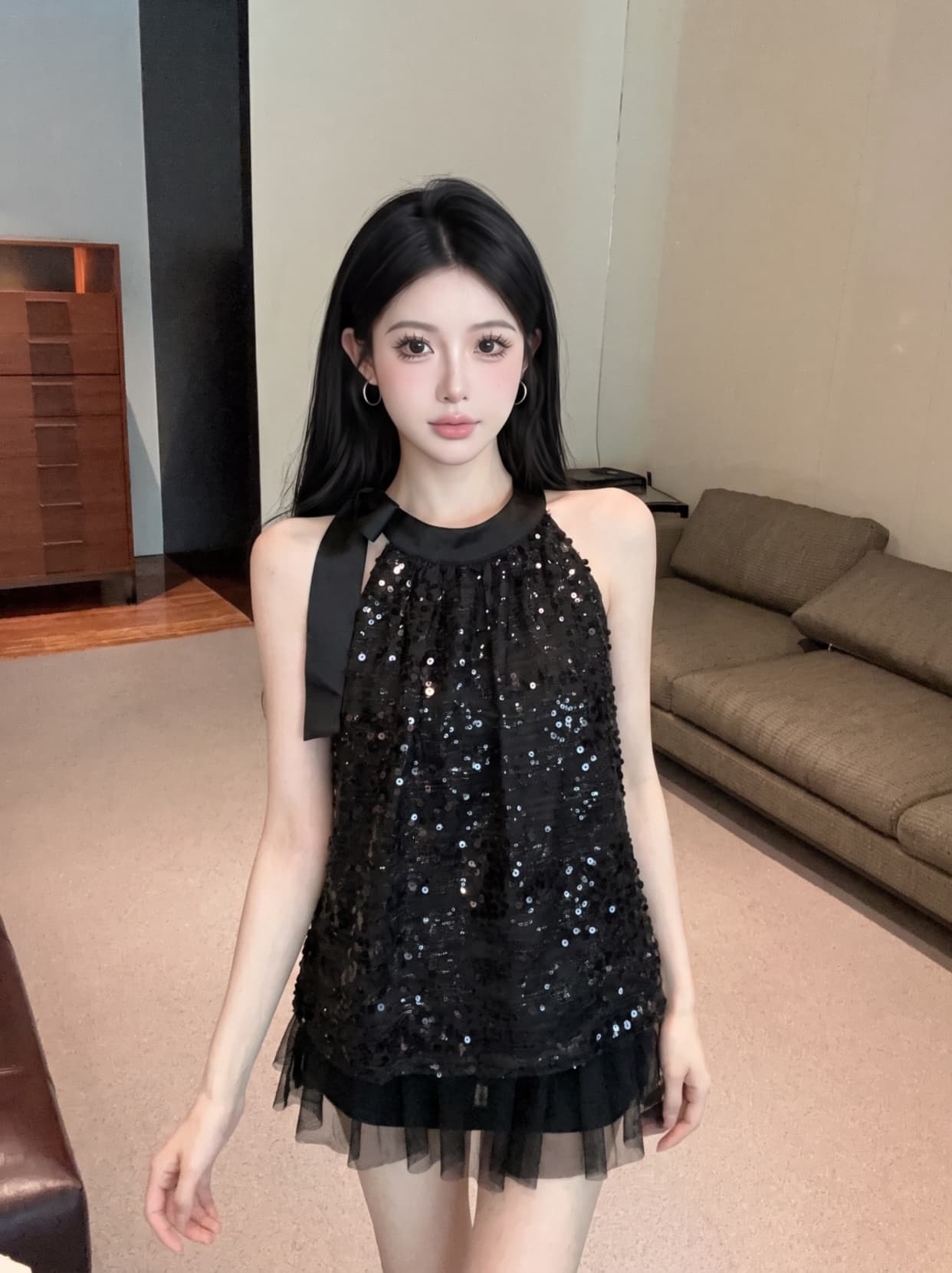 실사 핫걸 레이스업 행침 목 민소매 맨위 여성 여름 무거운 작업 스팽글 쉬폰 블라우스 루즈핏 표지 배 인형 셔츠 이미지 5