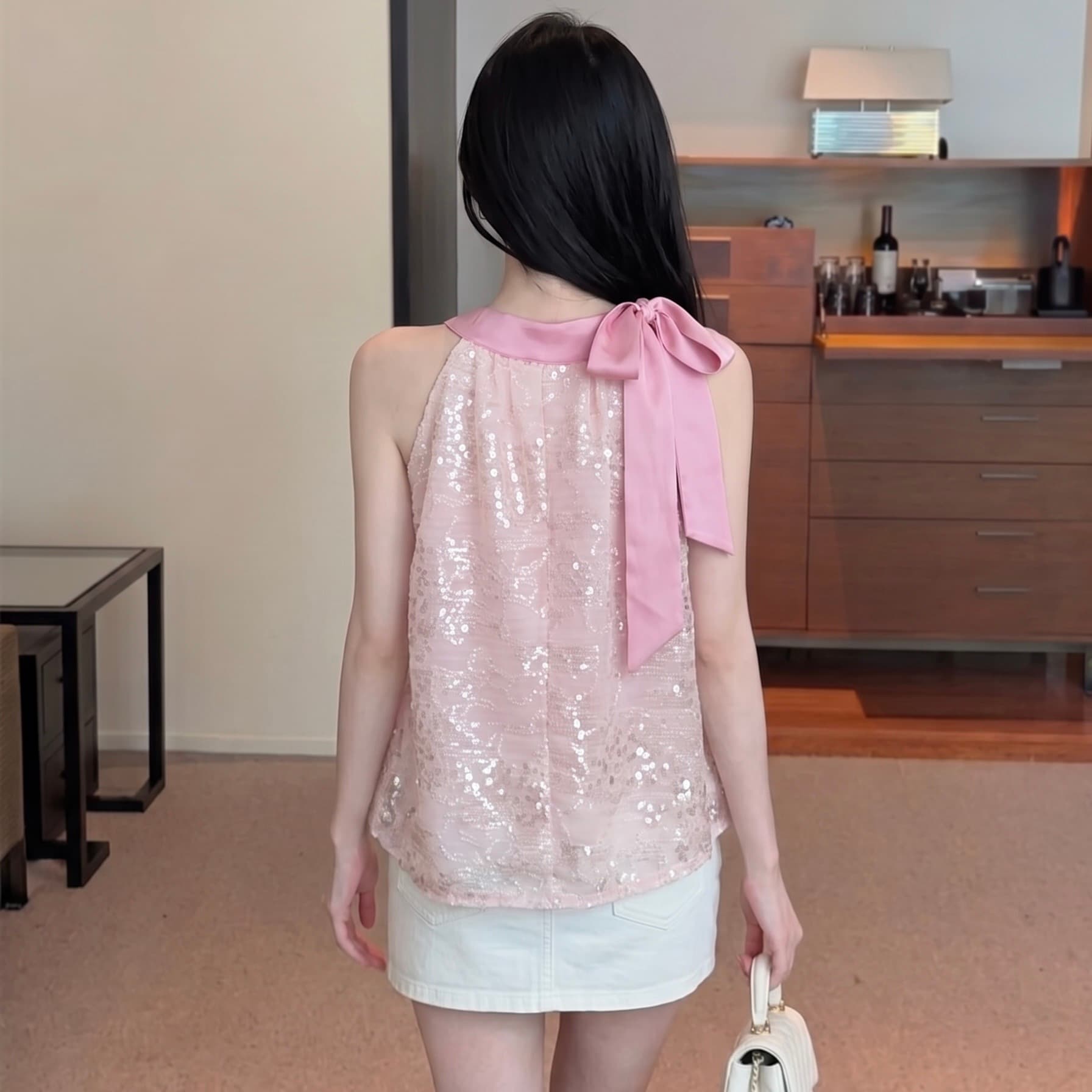 실사 핫걸 레이스업 행침 목 민소매 맨위 여성 여름 무거운 작업 스팽글 쉬폰 블라우스 루즈핏 표지 배 인형 셔츠 이미지 6