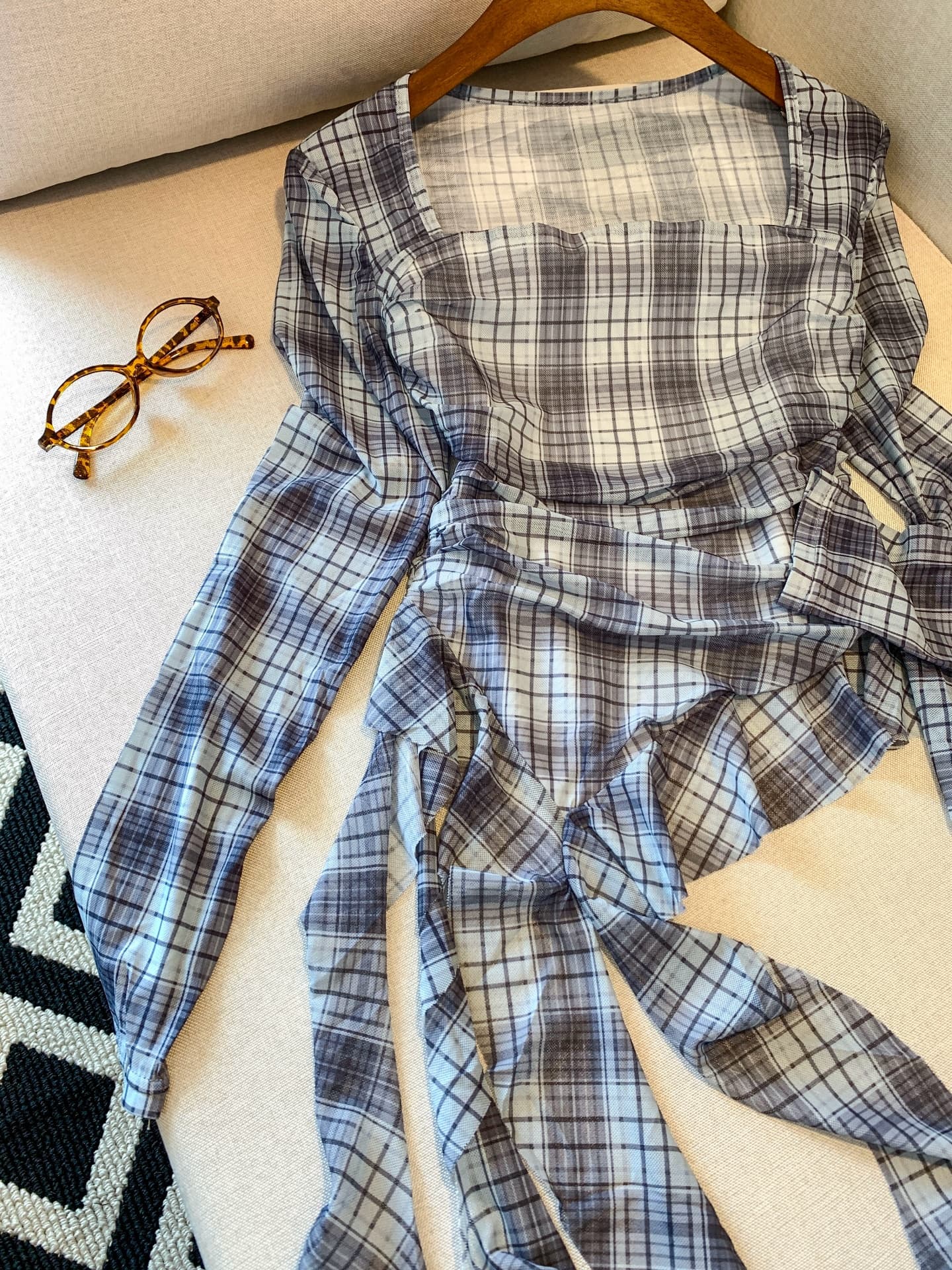 실사 아메리칸 레트로 디자인 센스 광장 칼라 체크무늬 리본 긴팔 티셔츠 허리 수축 슬림해 보이는 맨위 여성 이른 가을 새로운 이미지 4