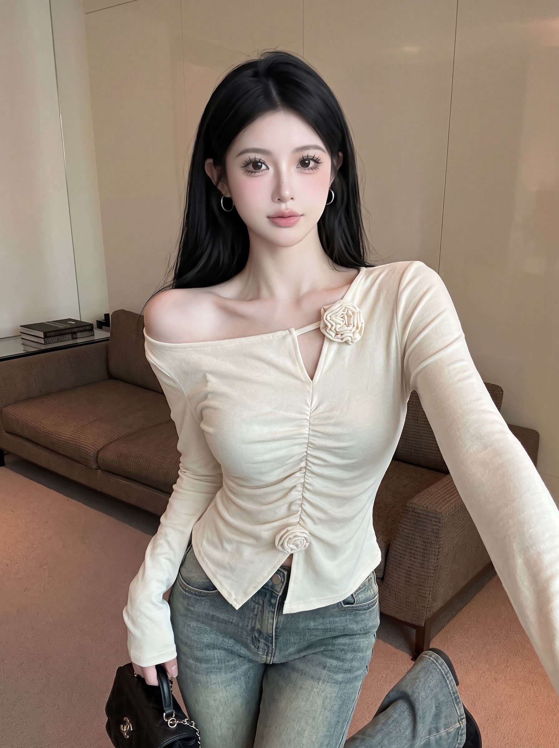 실사 디자인 센스 3 차원 꽃 회색 긴팔 티셔츠 가을 빅 사이즈 여성 의류 지방 mm 몸매 가꾸기 자이언트 슬림해 보이는 맨위 이미지 2