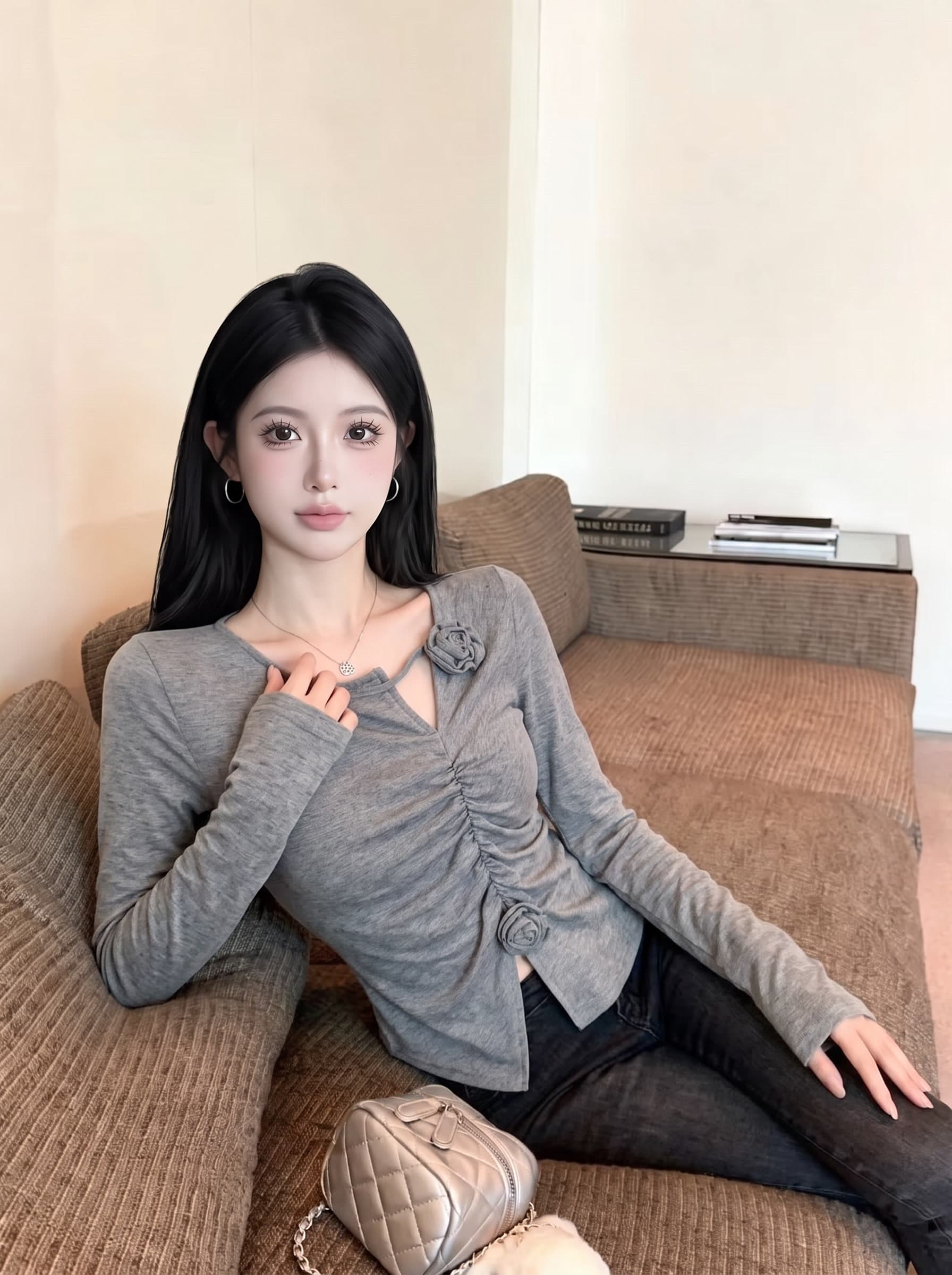 실사 디자인 센스 3 차원 꽃 회색 긴팔 티셔츠 가을 빅 사이즈 여성 의류 지방 mm 몸매 가꾸기 자이언트 슬림해 보이는 맨위 이미지 4