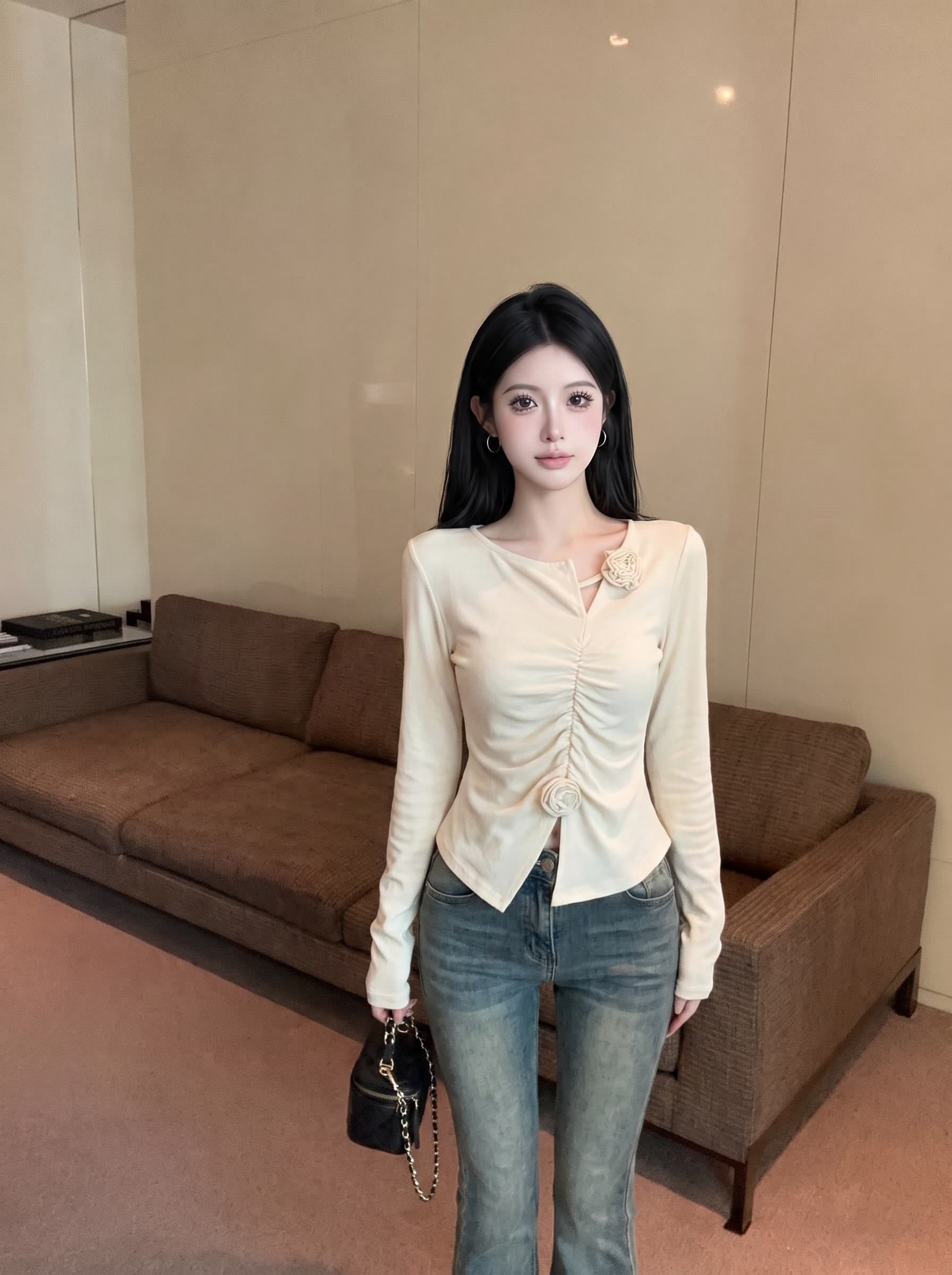 실사 디자인 센스 3 차원 꽃 회색 긴팔 티셔츠 가을 빅 사이즈 여성 의류 지방 mm 몸매 가꾸기 자이언트 슬림해 보이는 맨위 상세 이미지 2